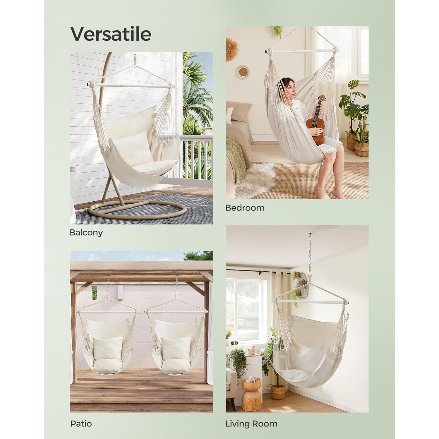SONGMICS Hammock Chair, Load Capacity 500 lb, Hanging Chair with 2 Cushions, Large Hammock Swing with Chain and Pocket, for Indoor, Outdoor, Living Room, Bedroom, Cream White UGDC197M01