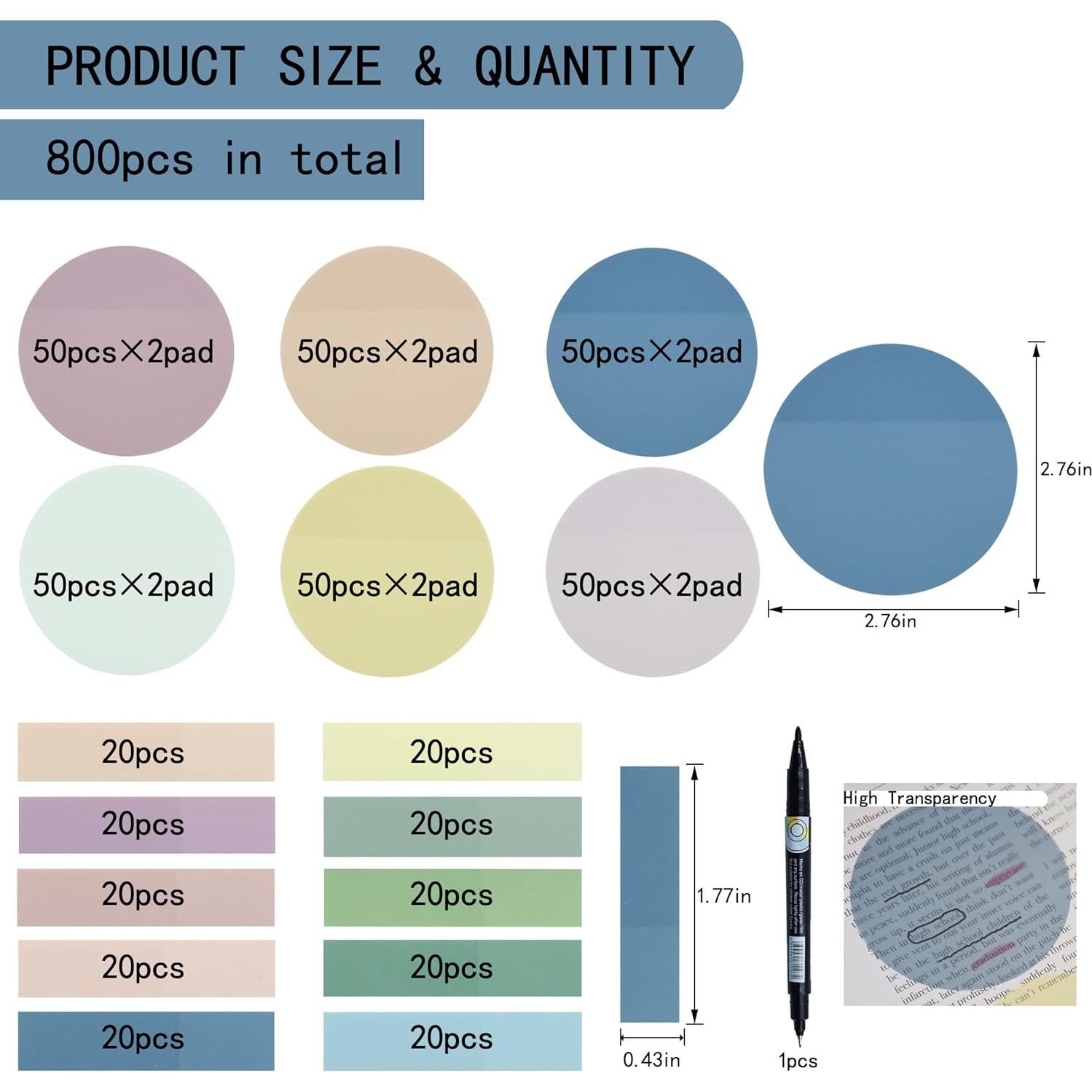 Notas Adhesivas Transparentes YOUDEFUL 800 Pcs 7cm Redondas