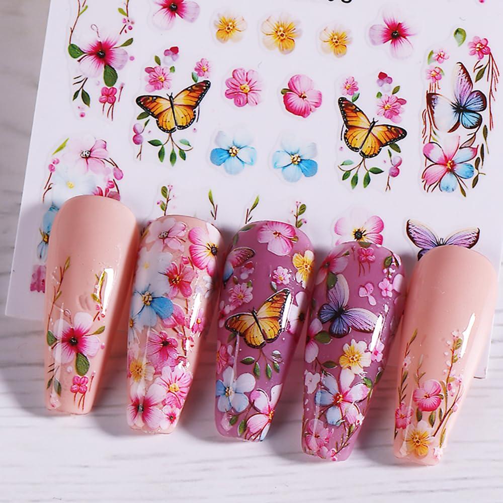 Calcomanías de Uñas 3D Mariposa y Flores LPOODDNU - 6 Hojas