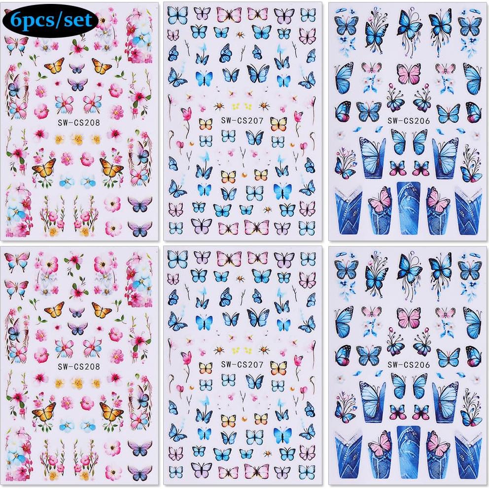 Calcomanías de Uñas 3D Mariposa y Flores LPOODDNU - 6 Hojas