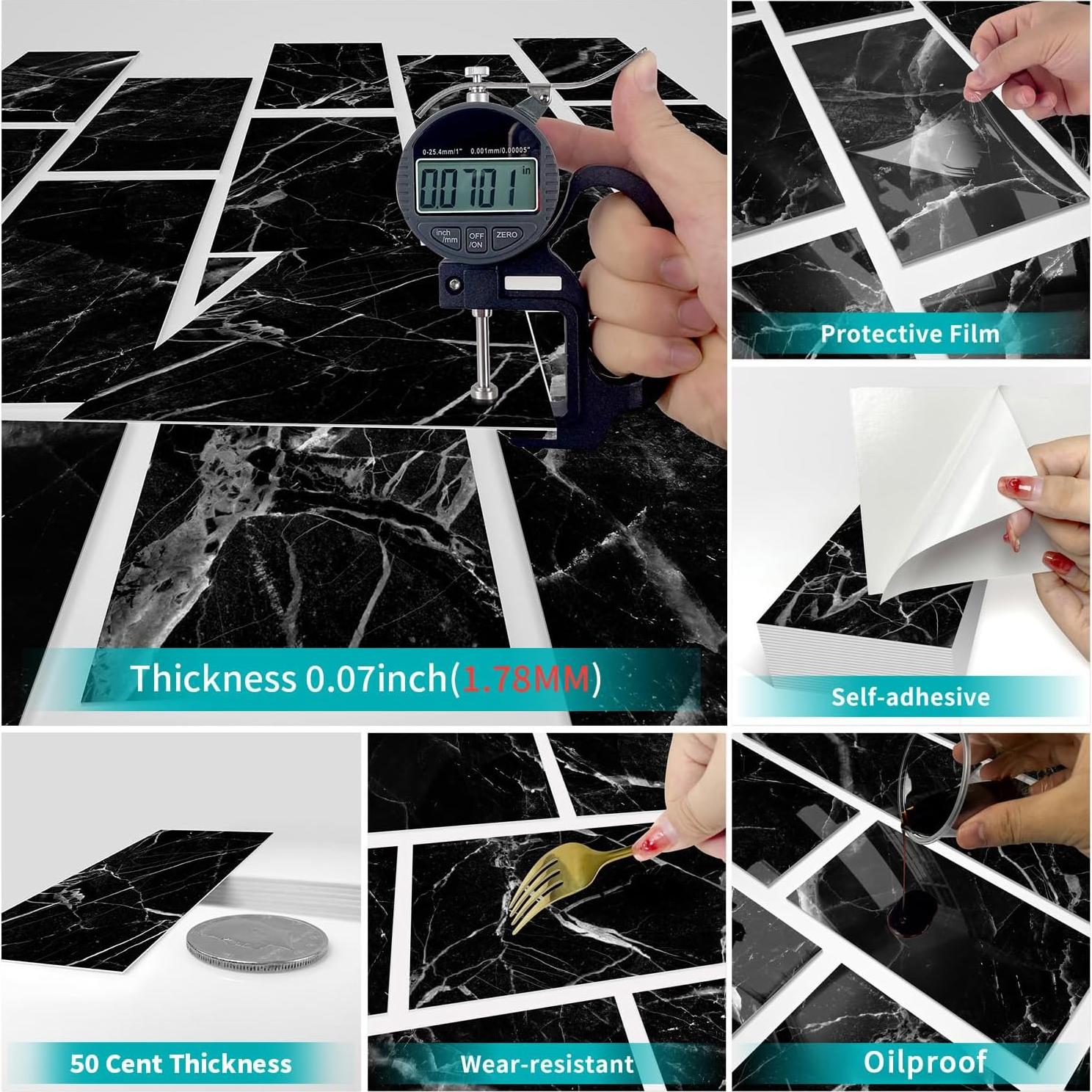 16 Azulejos Autoadhesivos de Mármol Negro 10.16x20.32 cm Adreamer90