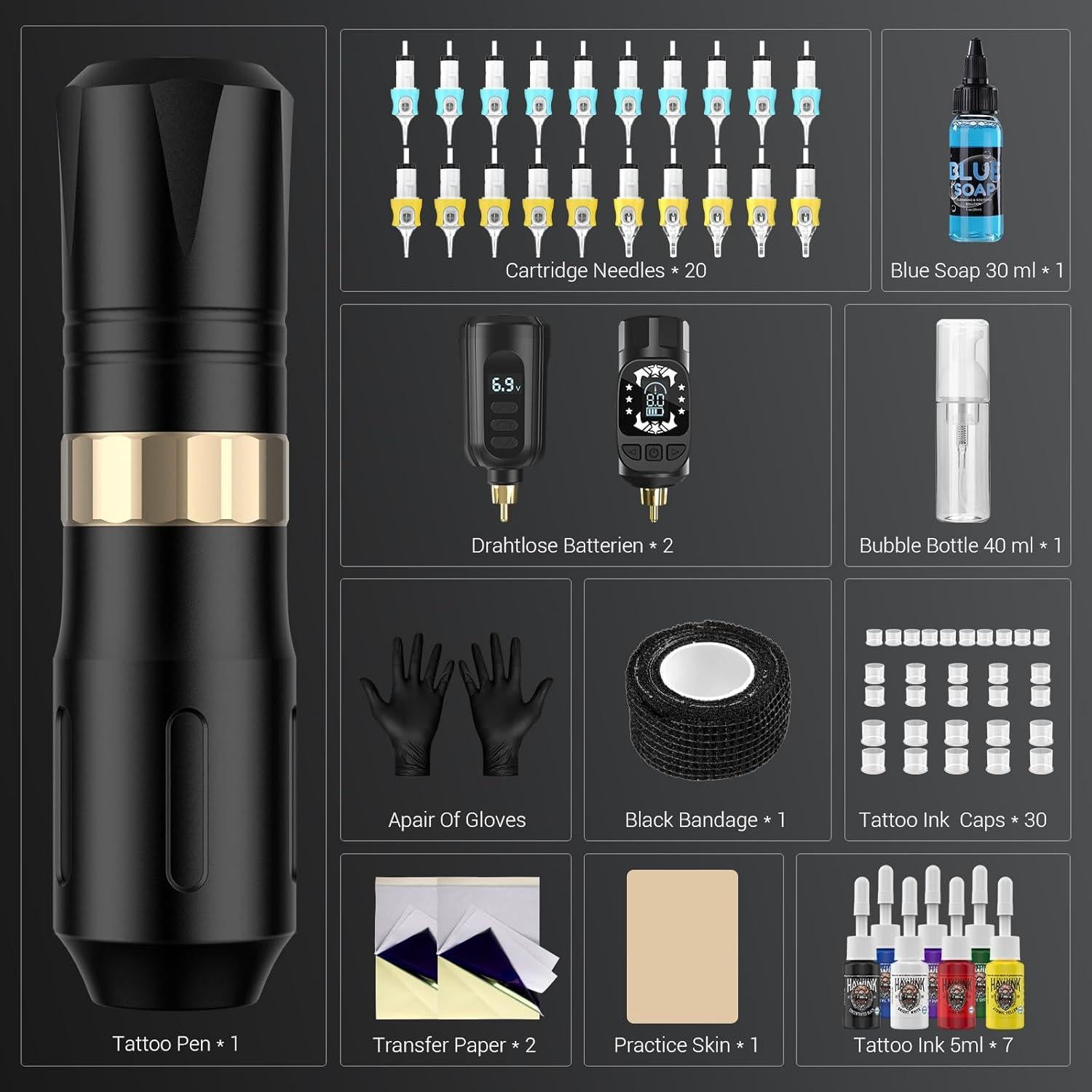 Kit de Tatuaje Inalámbrico Hawink con 2 Baterías y 20 Agujas