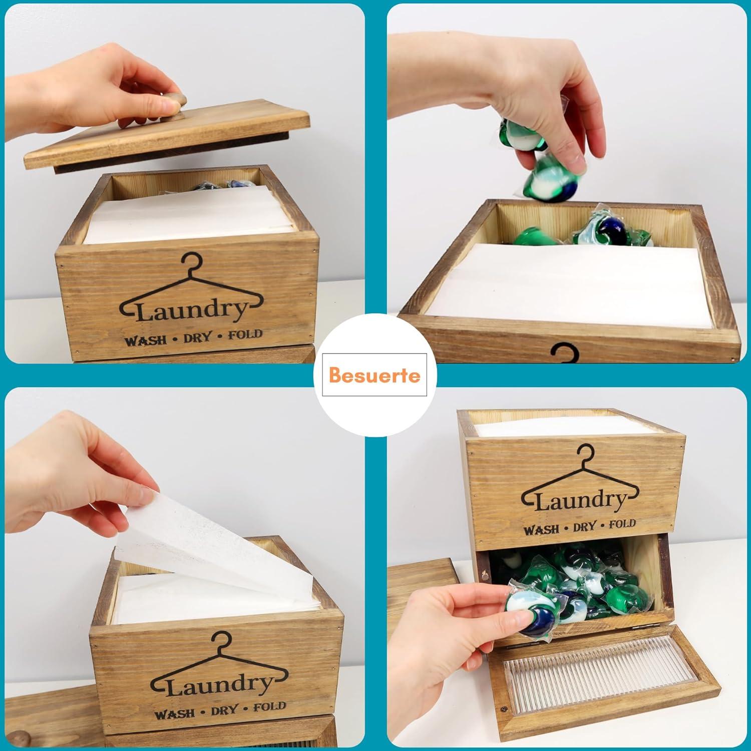 Soporte para cápsulas de lavandería Besuerte - Madera rústica 2 niveles
