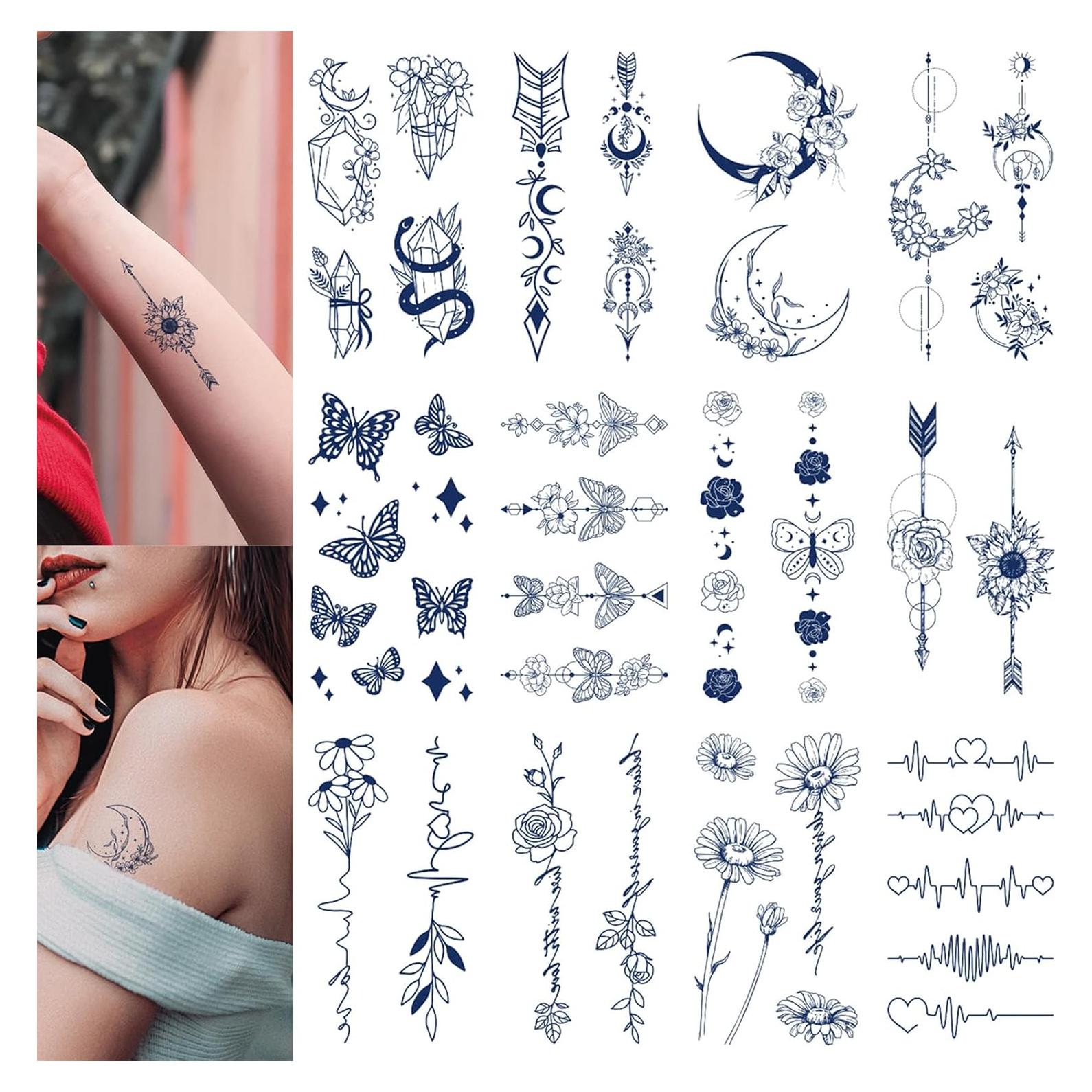 Temporary Tattoos, Small Semi Permanent Fake Tattoo for Adult Women Teen Girl, Realistic, Long Lasting, Waterproof, 12 Sheets Tiny Stickers with Plant Based Ink