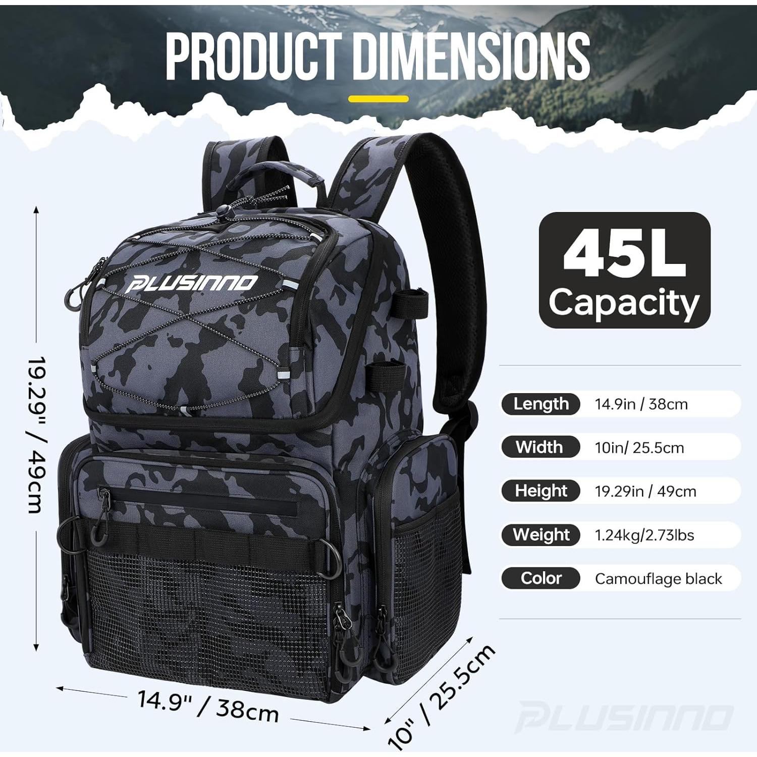 Mochila de Pesca PLUSINNO 45L con Nevera y Soportes para Cañas
