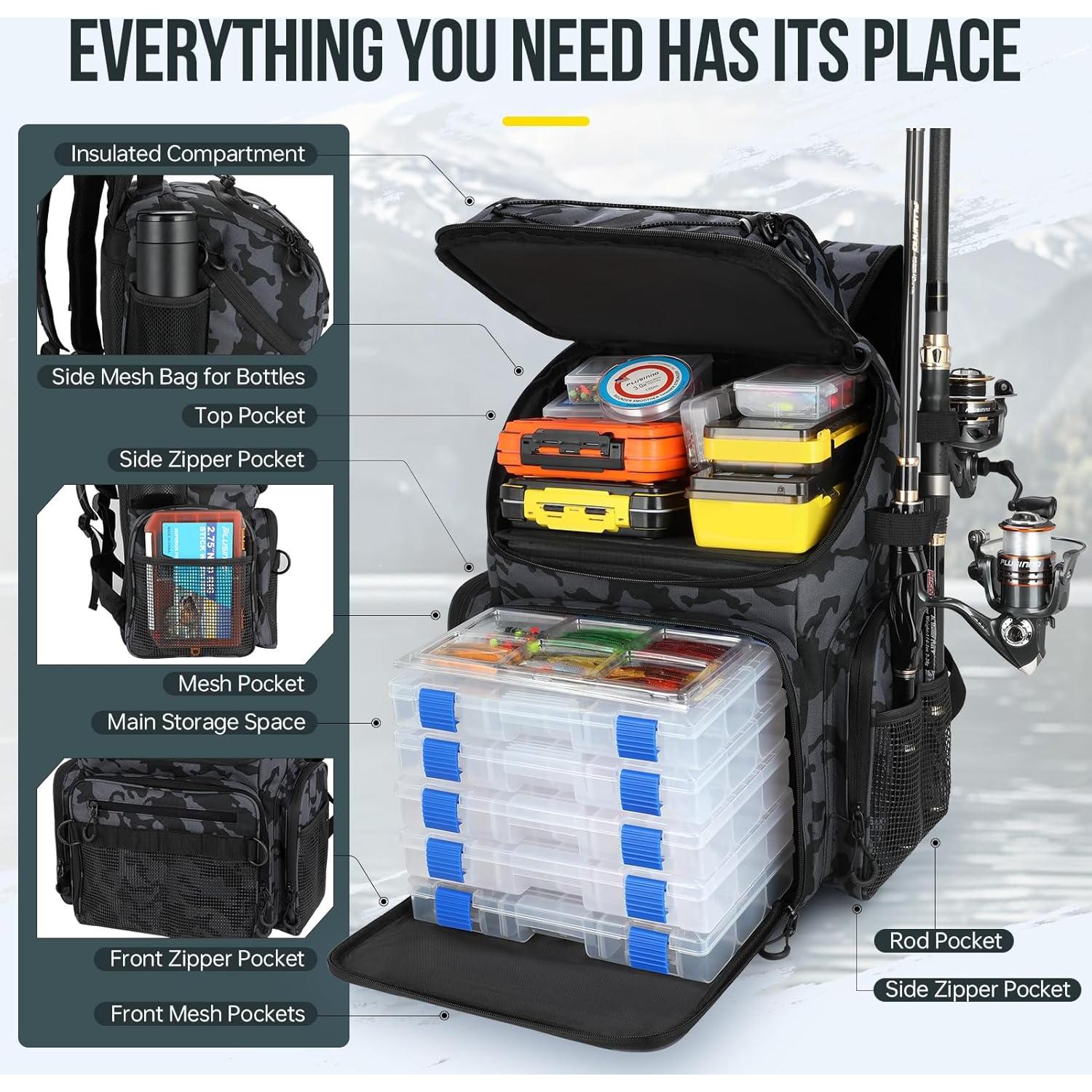 Mochila de Pesca PLUSINNO 45L con Nevera y Soportes para Cañas