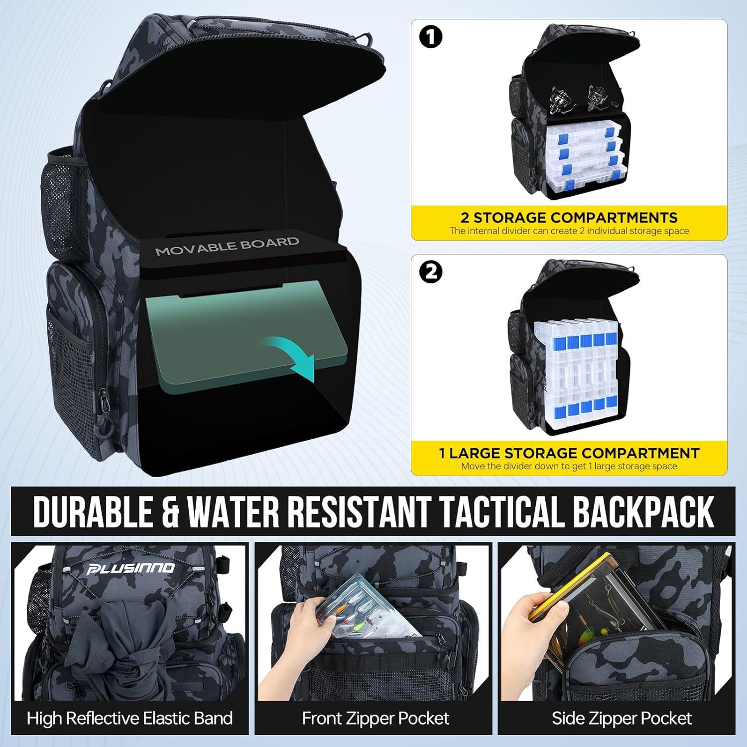 Mochila de Pesca PLUSINNO 45L con Nevera y Soportes para Cañas