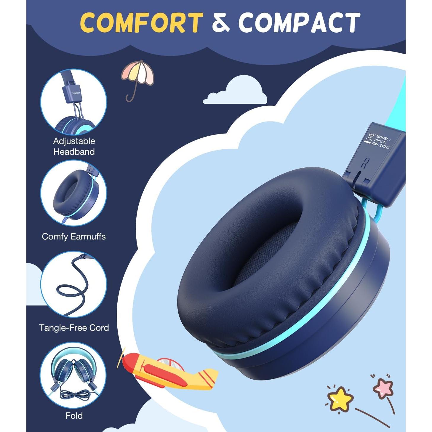 USB Type C Kids Headphones for School, Wired Toddler Headphones, 94dB Volume Limited, HD Stereo Sound, Foldable Lightweight On-Ear Wired Headphones for Kids/Children/Teens/Boys (Dark Blue)