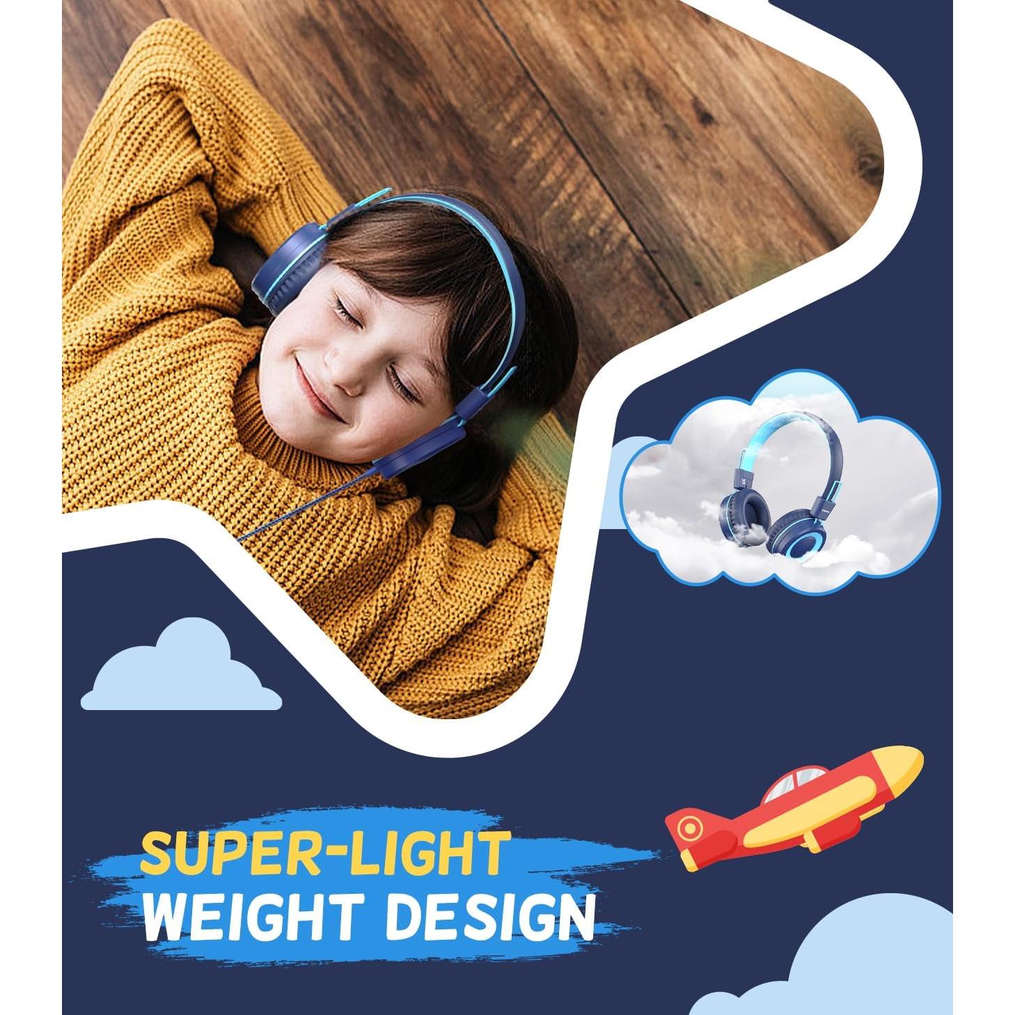 USB Type C Kids Headphones for School, Wired Toddler Headphones, 94dB Volume Limited, HD Stereo Sound, Foldable Lightweight On-Ear Wired Headphones for Kids/Children/Teens/Boys (Dark Blue)