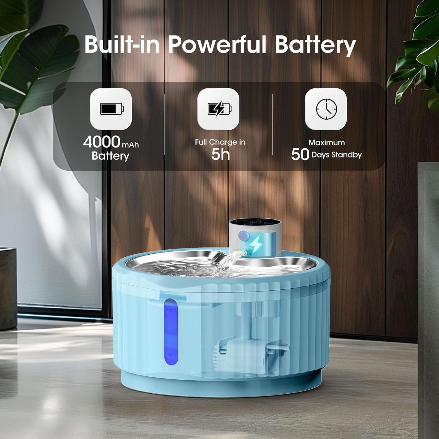 Fuente de Agua Inalámbrica para Gatos JEERAMIA 2.8L Azul