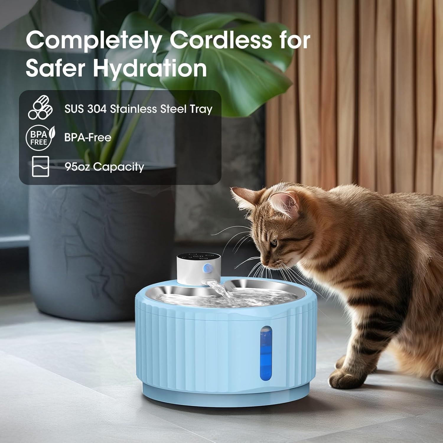 Fuente de Agua Inalámbrica para Gatos JEERAMIA 2.8L Azul