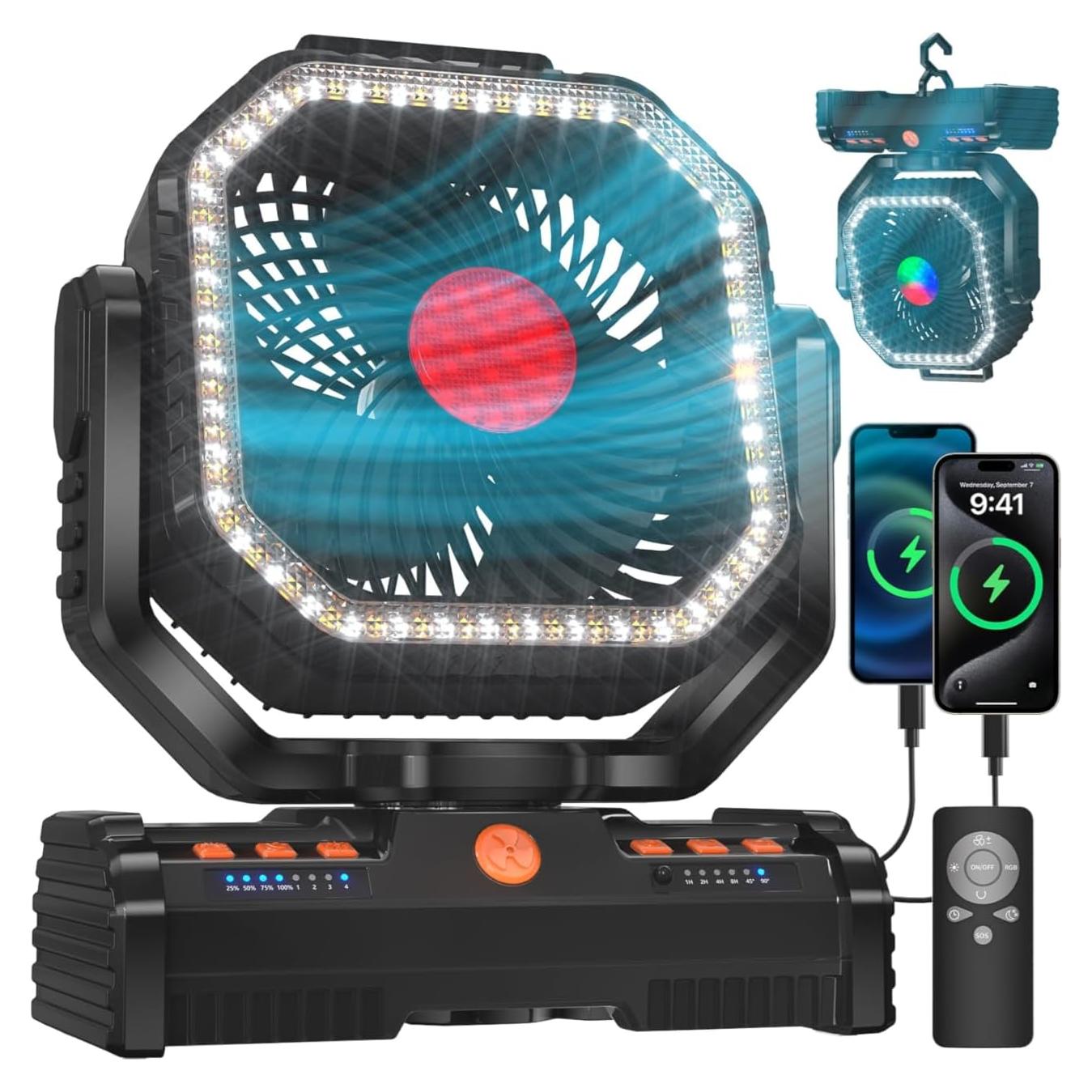 Ventilador de Camping Portátil EEIFO F16 30 cm con Luz LED