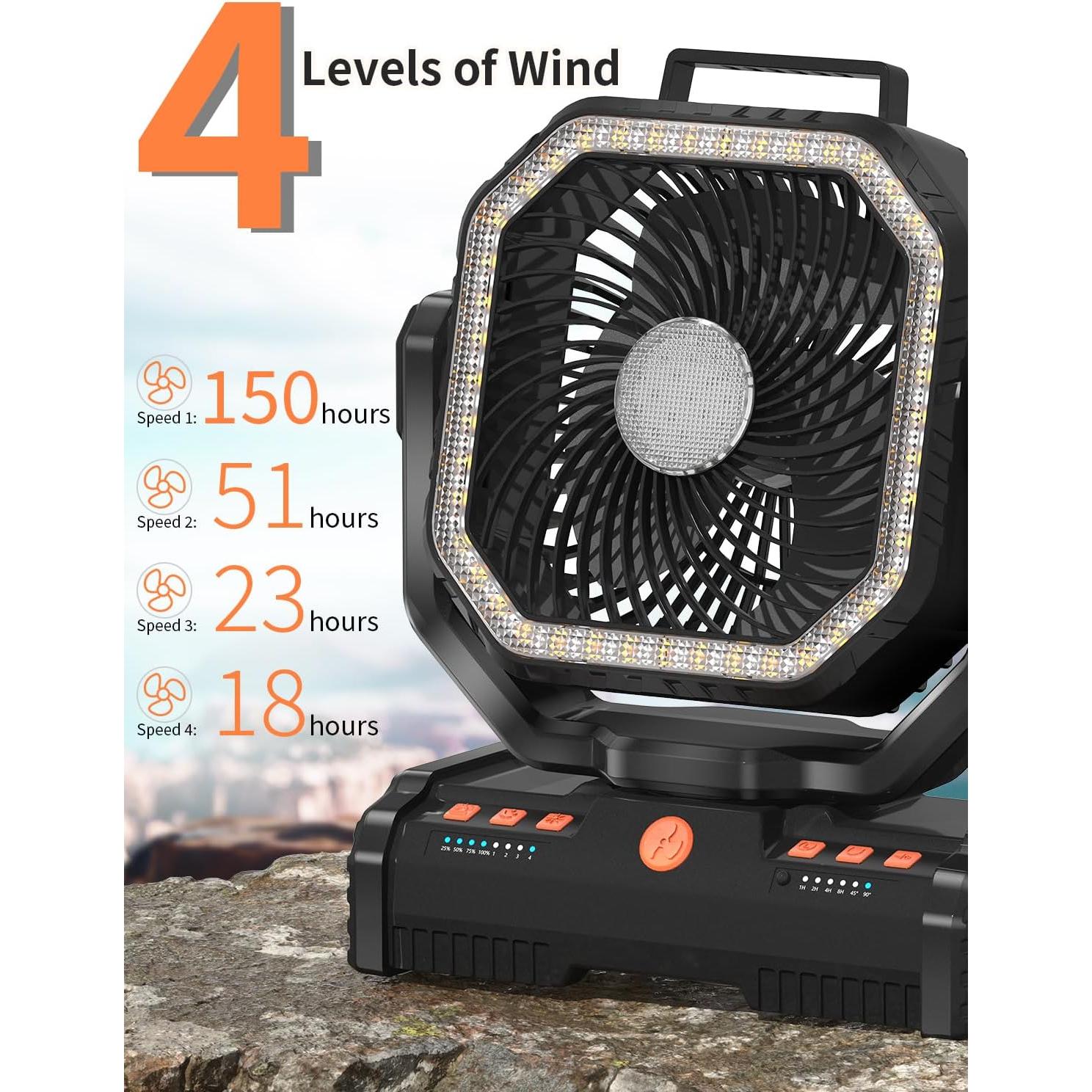 Ventilador de Camping Portátil EEIFO F16 30 cm con Luz LED