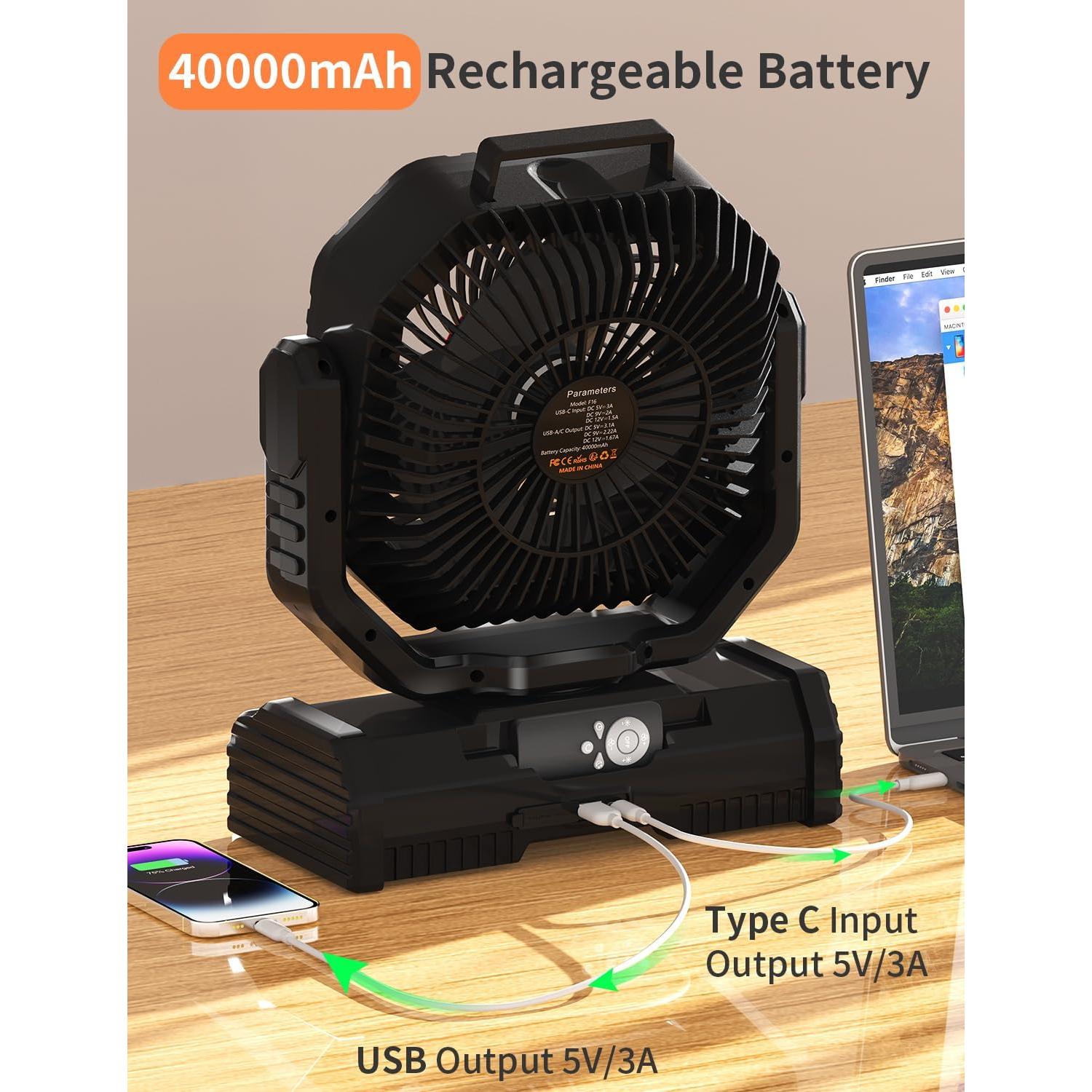 Ventilador de Camping Portátil EEIFO F16 30 cm con Luz LED