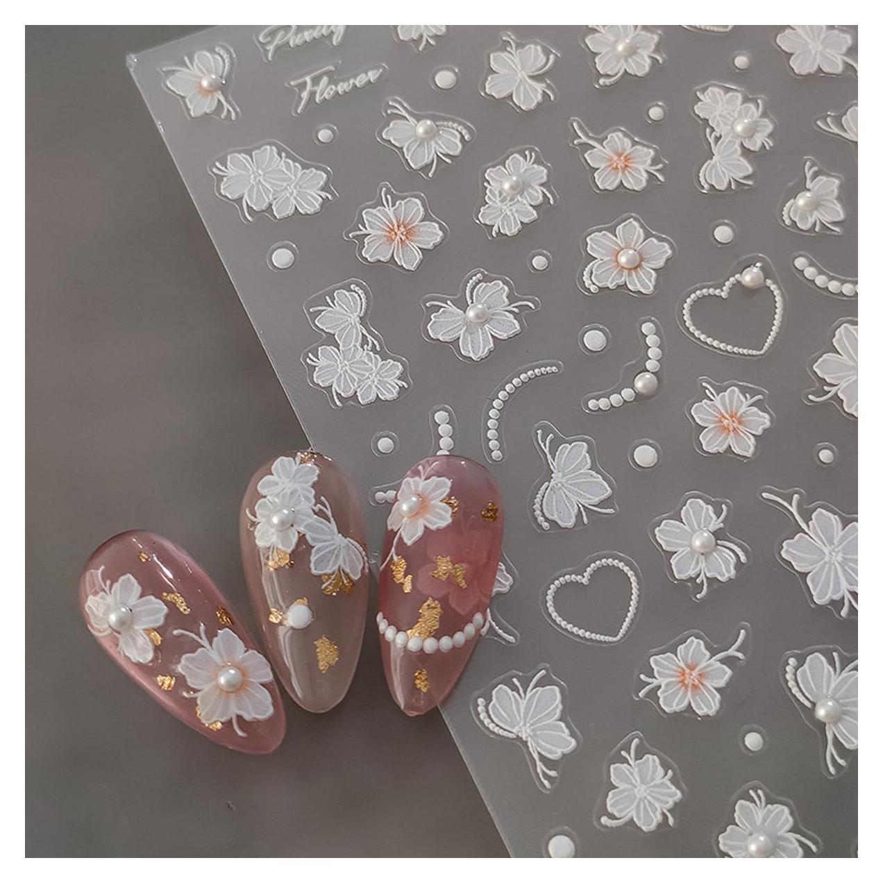 White Flower Nail Stickers Spring Nail Art Stickers with Pearl Floral Nail Decals 5D Embossed Sticker for Nails Designs Self Adhesive Nail Art Supplies & Decorations for Women Girls 1 Sheet