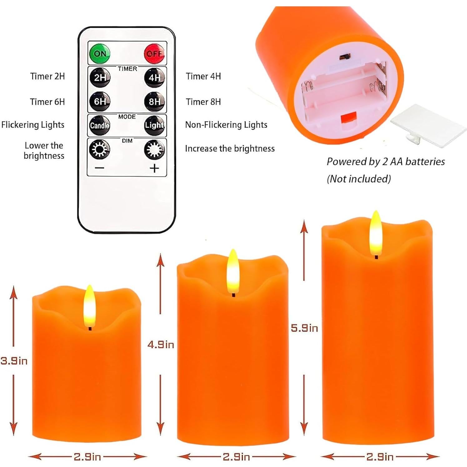 Juego de 3 Velas LED Naranjas Sin Llama con Control Remoto
