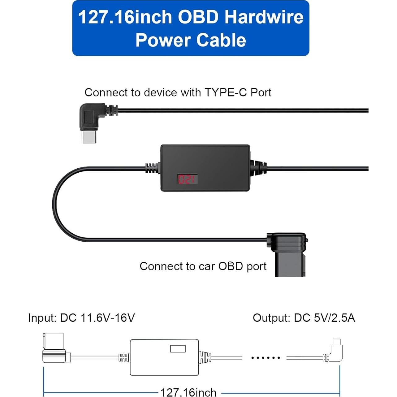 Kit de cable OBD para cámara de salpicadero YKT H39-SX, 12-30V a 5V/3A