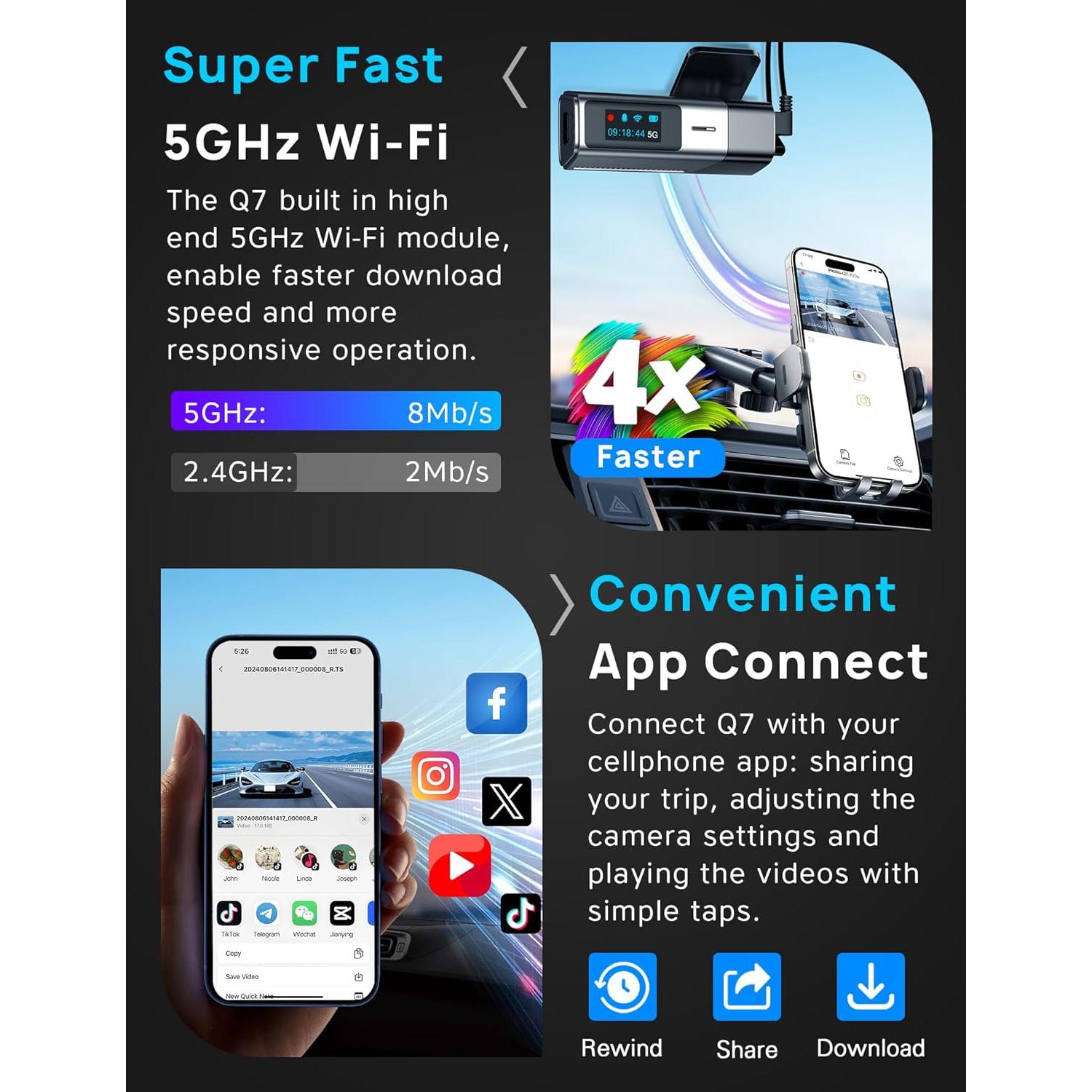 Cámara de Tablero Navycrest Q7 5G WiFi 4K Delantera y Trasera