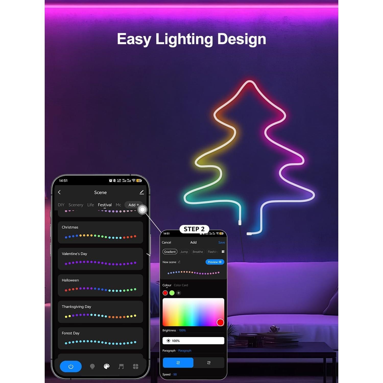 Tira de Luz LED Neón RGB+IC Lucienstar 5m Control por Voz
