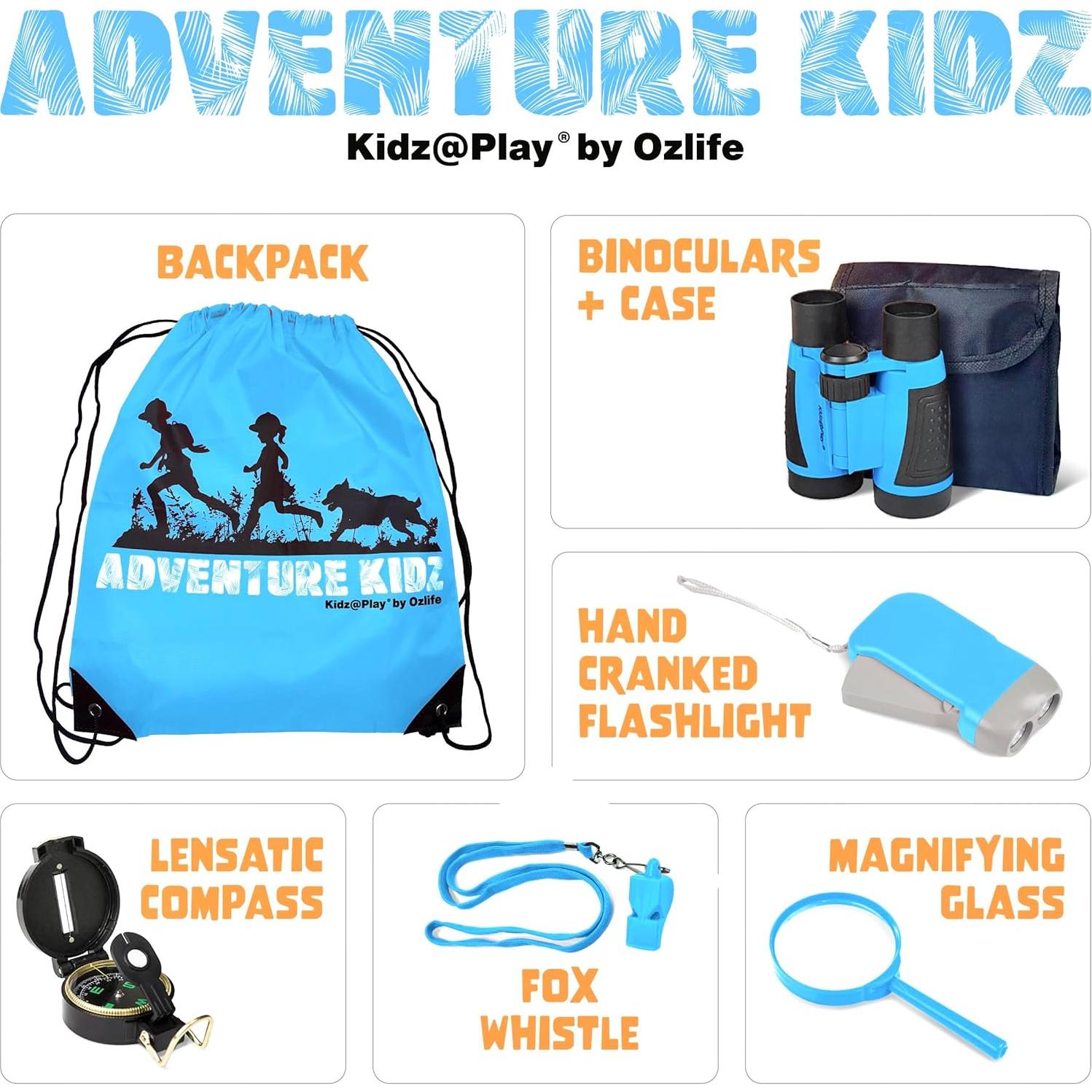 Kit de Exploración al Aire Libre Adventure Kidz - Binoculares, Linterna, Brújula, Lupa, Mochila