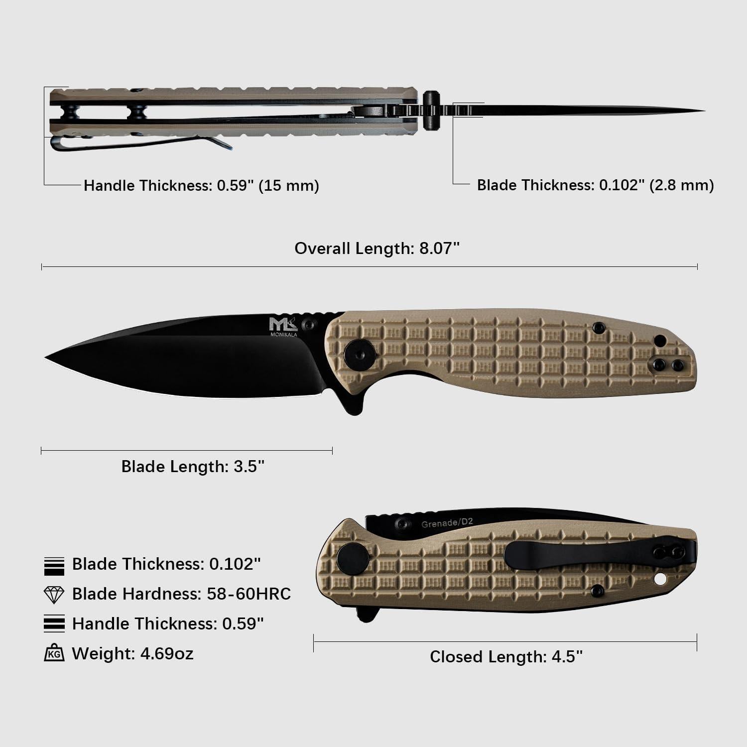 Cuchillo Plegable Monikala 20.5 cm Acero D2 Mango G10 Marrón