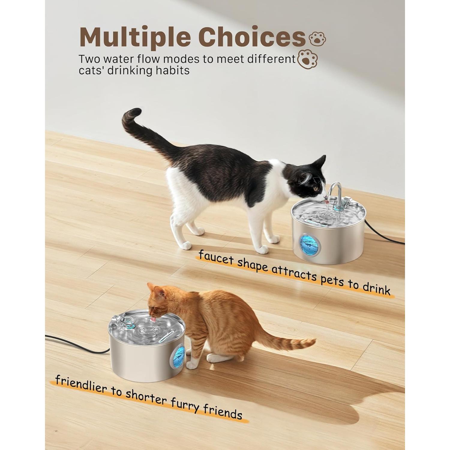 Fuente de Agua para Gatos GIOTOHUN 2.2L Acero Inoxidable Silenciosa