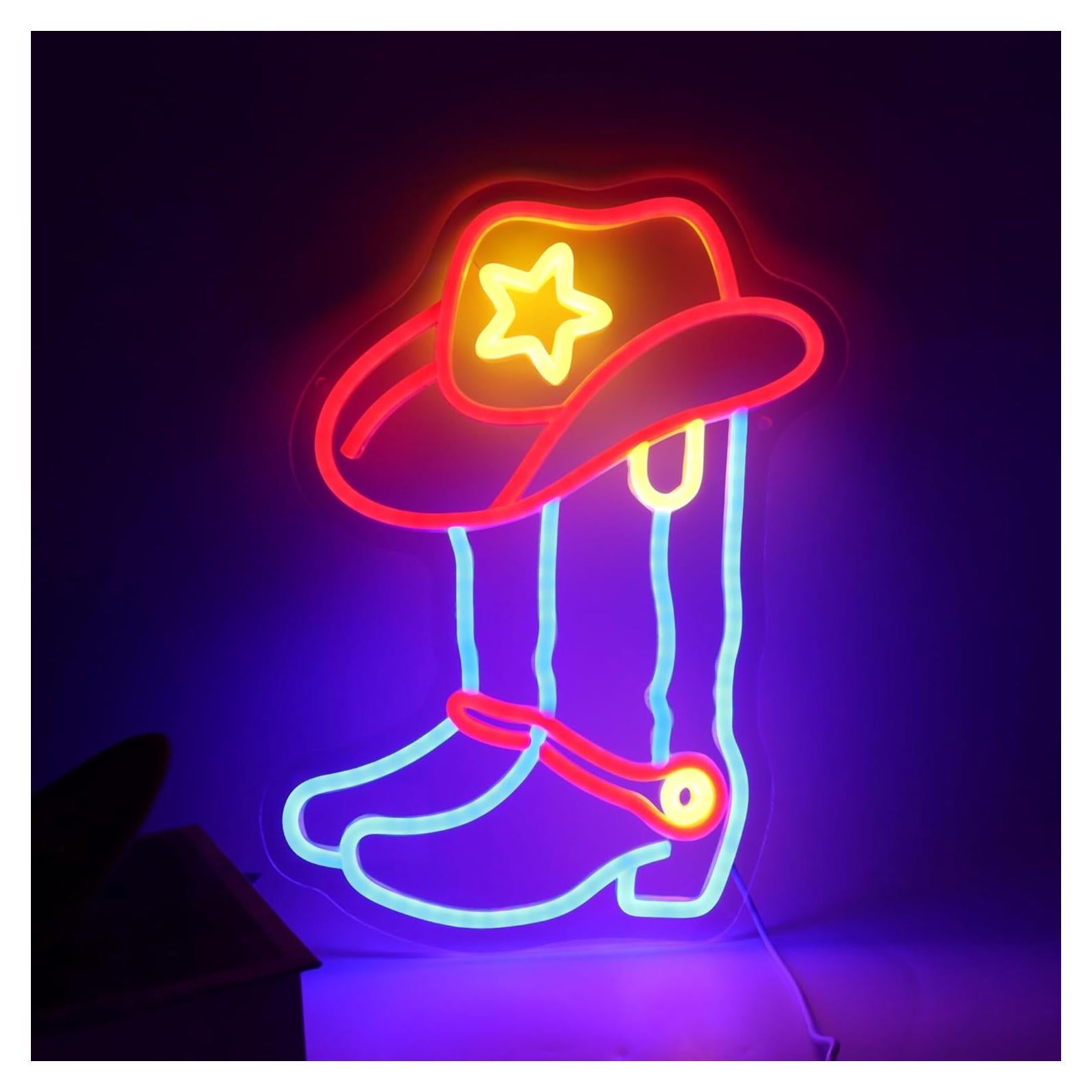 Cartel de Neón LED ASONGLIFE Botas y Sombrero Vaquero 25.4x33.4cm