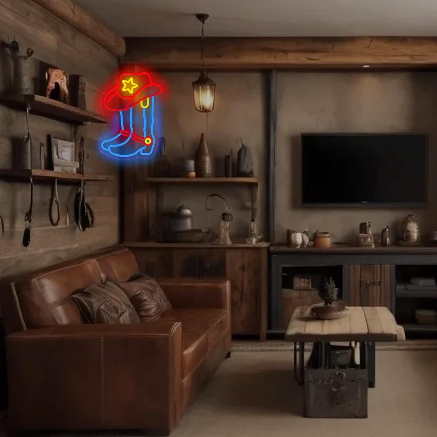 Cartel de Neón LED ASONGLIFE Botas y Sombrero Vaquero 25.4x33.4cm