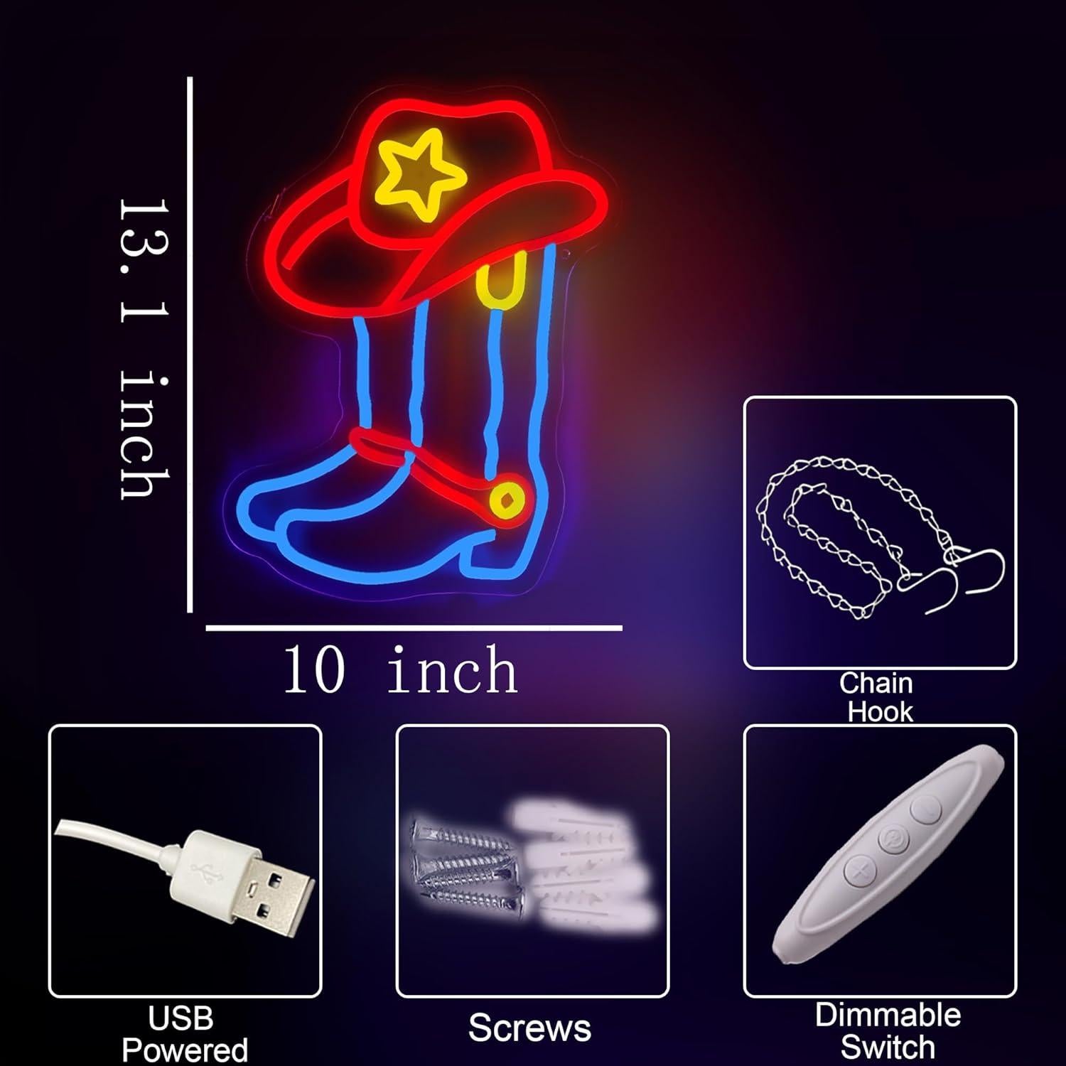 Cartel de Neón LED ASONGLIFE Botas y Sombrero Vaquero 25.4x33.4cm