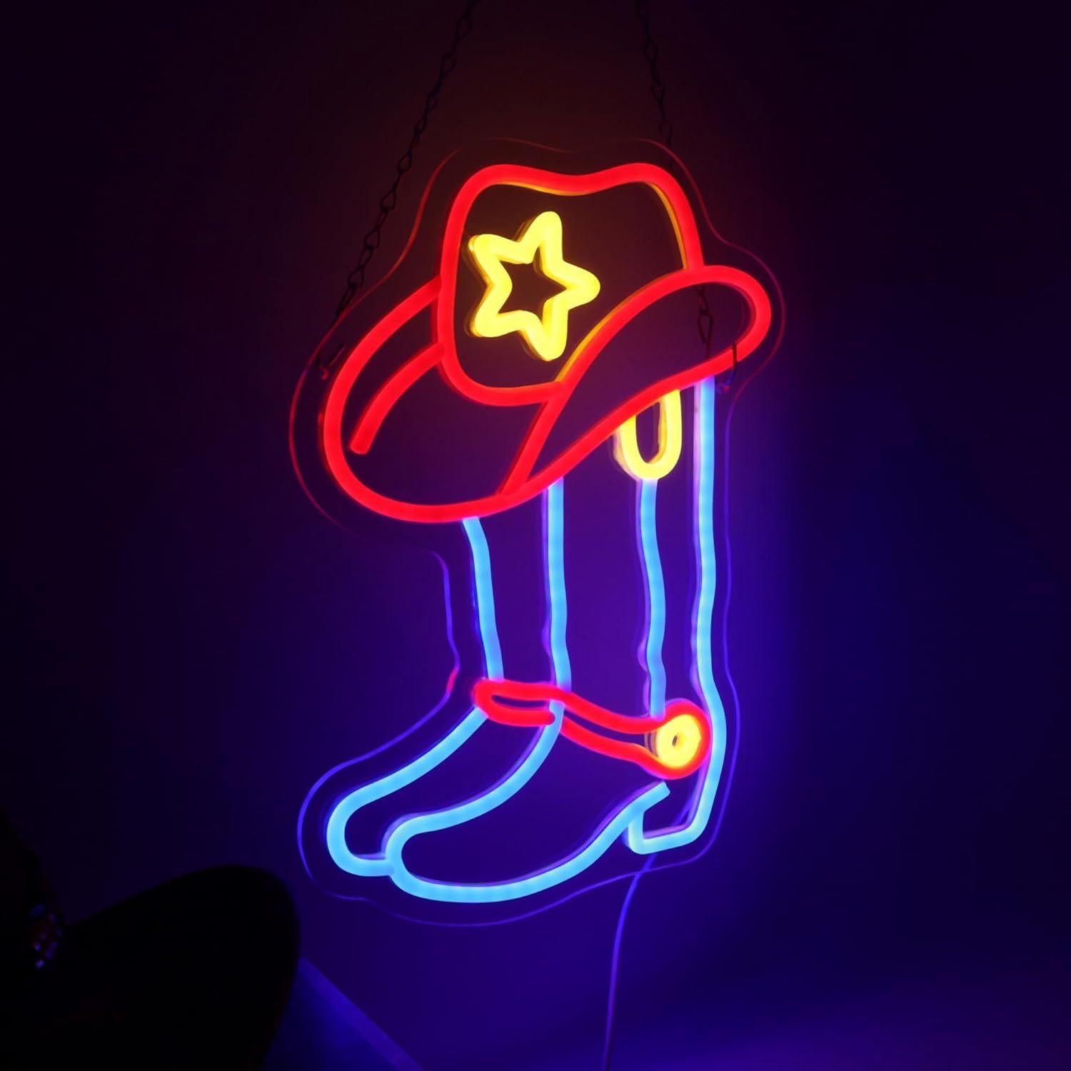 Cartel de Neón LED ASONGLIFE Botas y Sombrero Vaquero 25.4x33.4cm