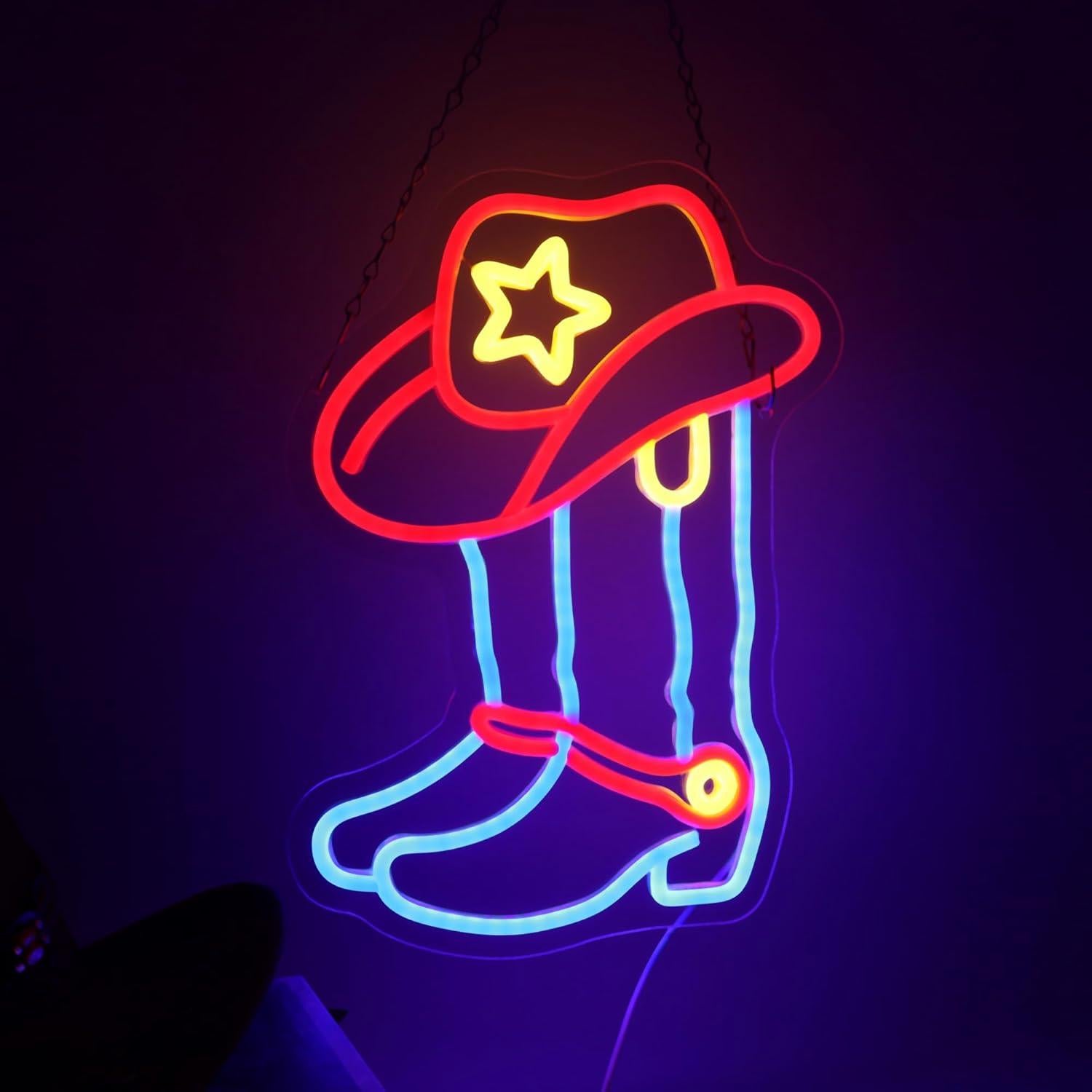 Cartel de Neón LED ASONGLIFE Botas y Sombrero Vaquero 25.4x33.4cm