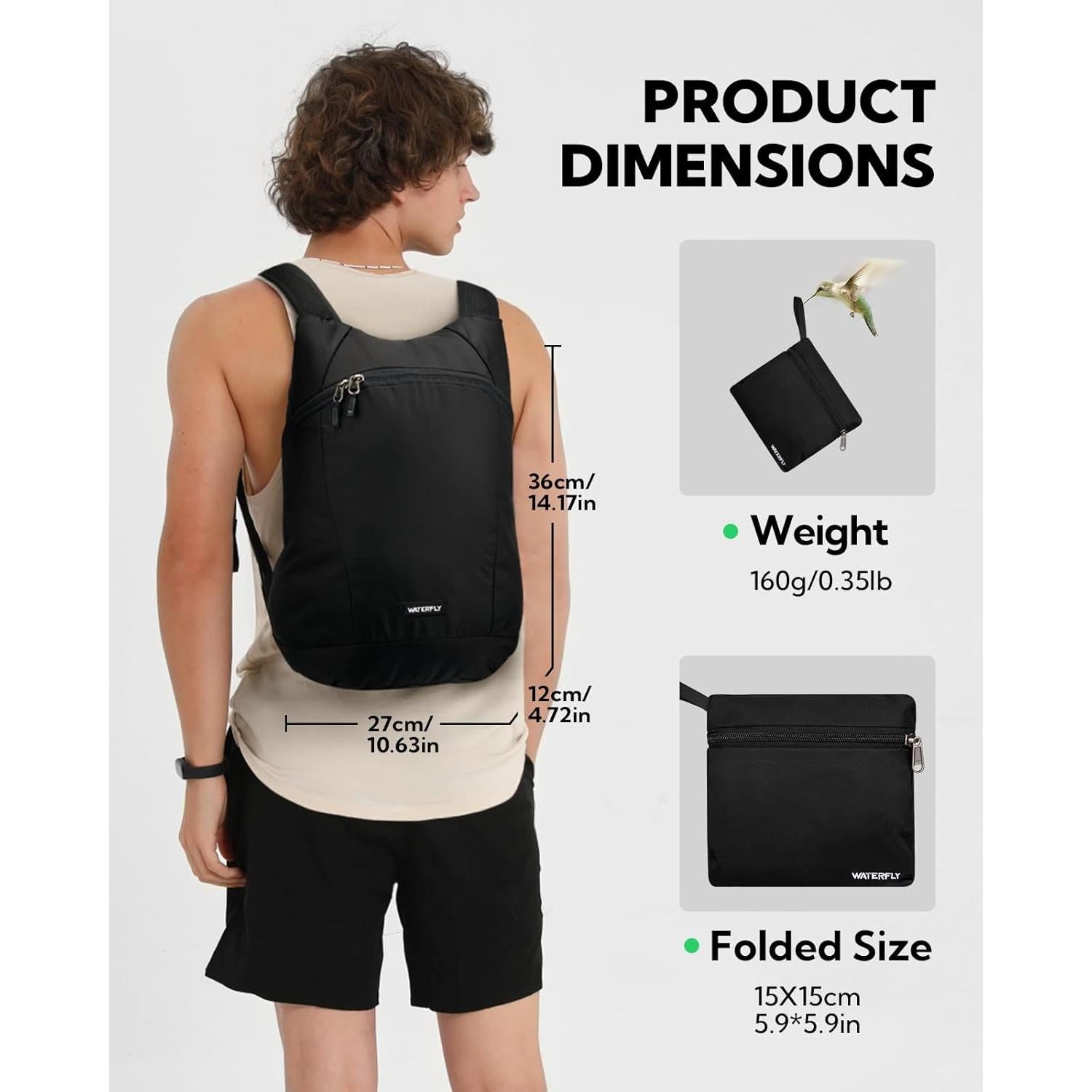 Mochila de Senderismo Plegable WATERFLY 15L Negra