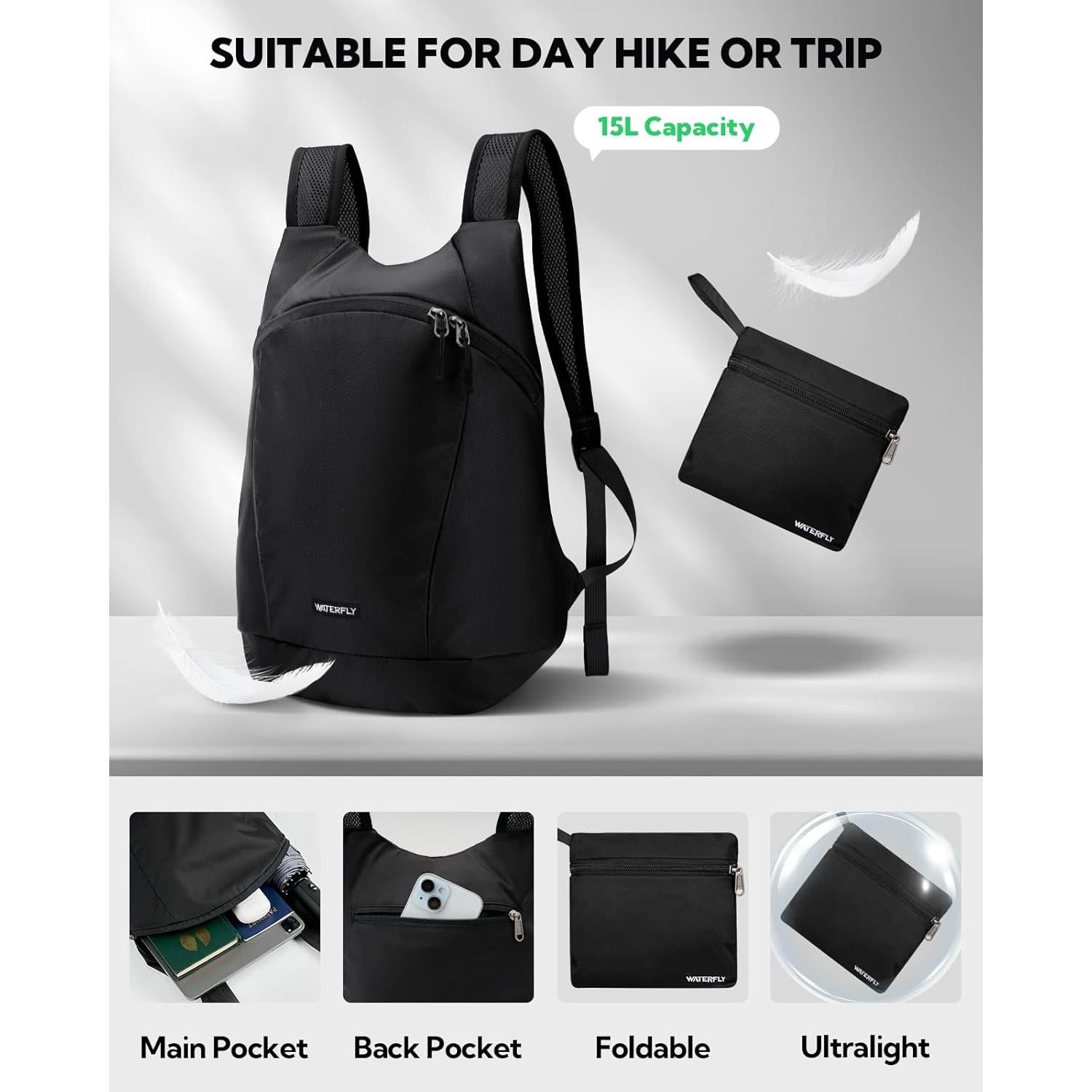 Mochila de Senderismo Plegable WATERFLY 15L Negra