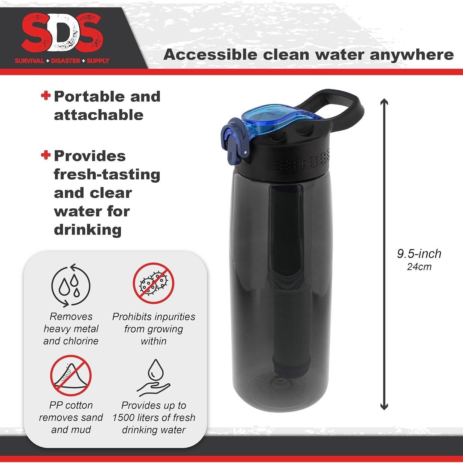Botella de Filtro de Agua SDS 1500ml Negra para Camping