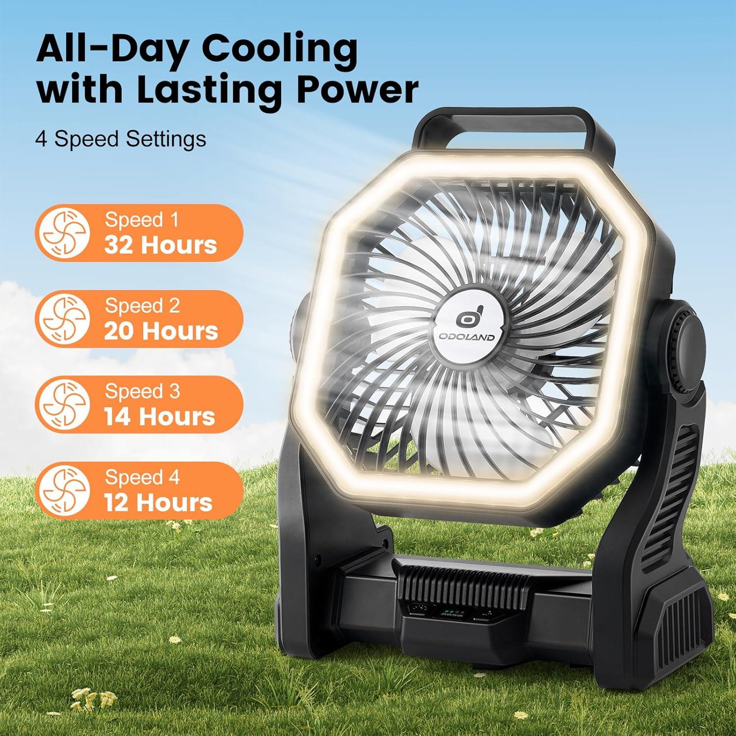 Ventilador de Camping Odoland 20000mAh con Linterna LED Negro