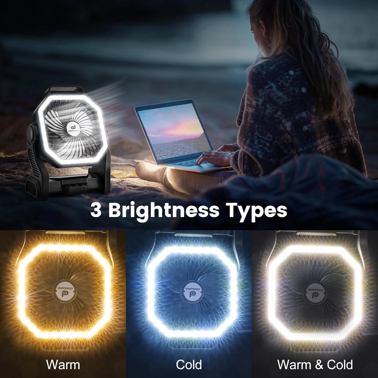 Ventilador de Camping Odoland 20000mAh con Linterna LED Negro