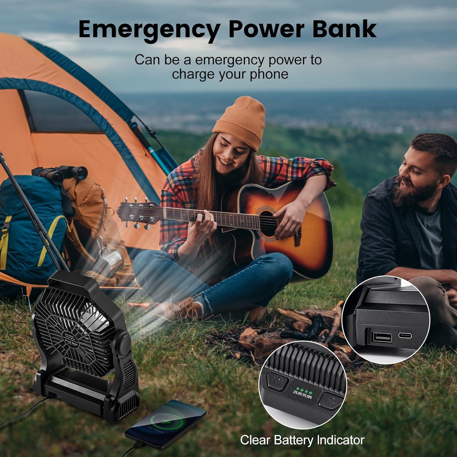 Ventilador de Camping Odoland 20000mAh con Linterna LED Negro