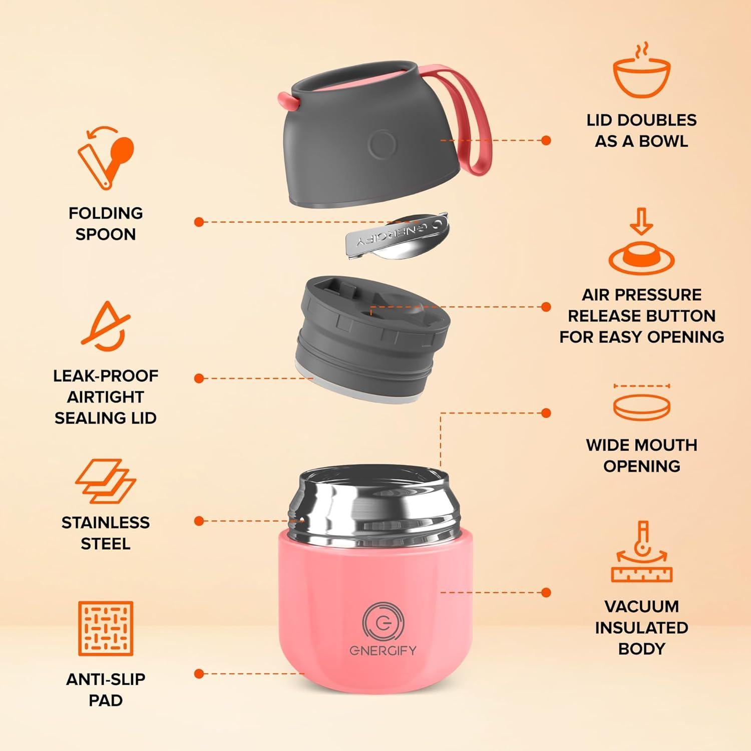 Tarro de Comida Aislado Energify 355ml Rosa Antiguo con Cuchara