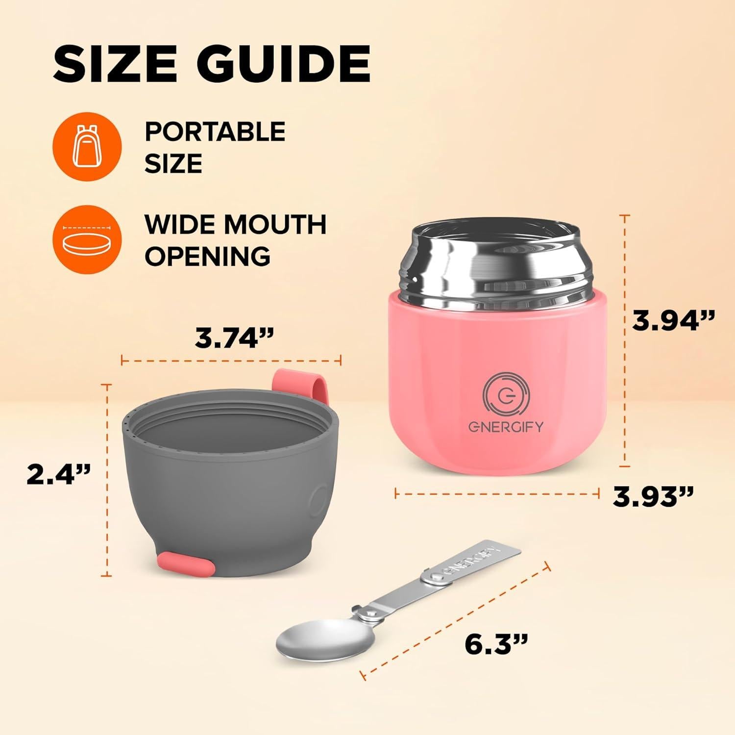 Tarro de Comida Aislado Energify 355ml Rosa Antiguo con Cuchara