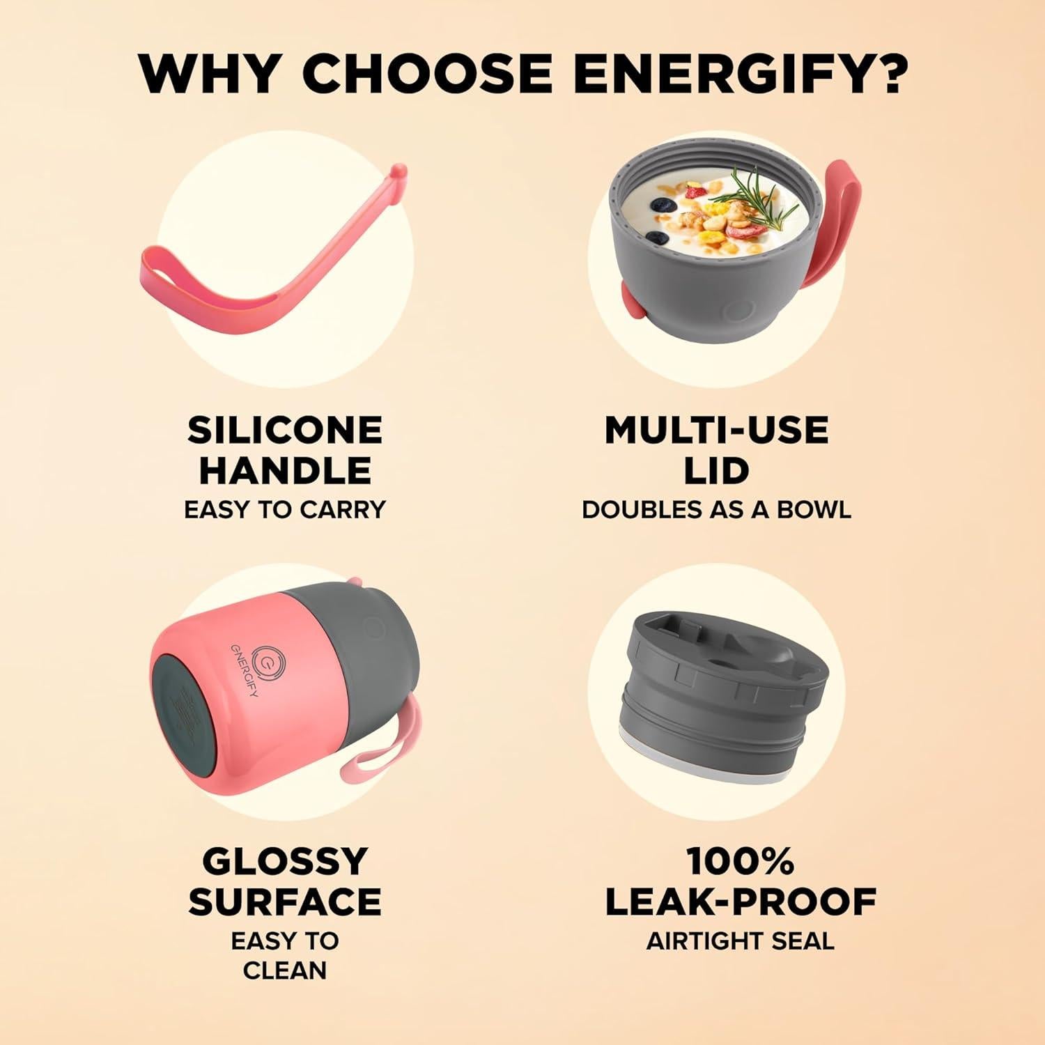 Tarro de Comida Aislado Energify 355ml Rosa Antiguo con Cuchara