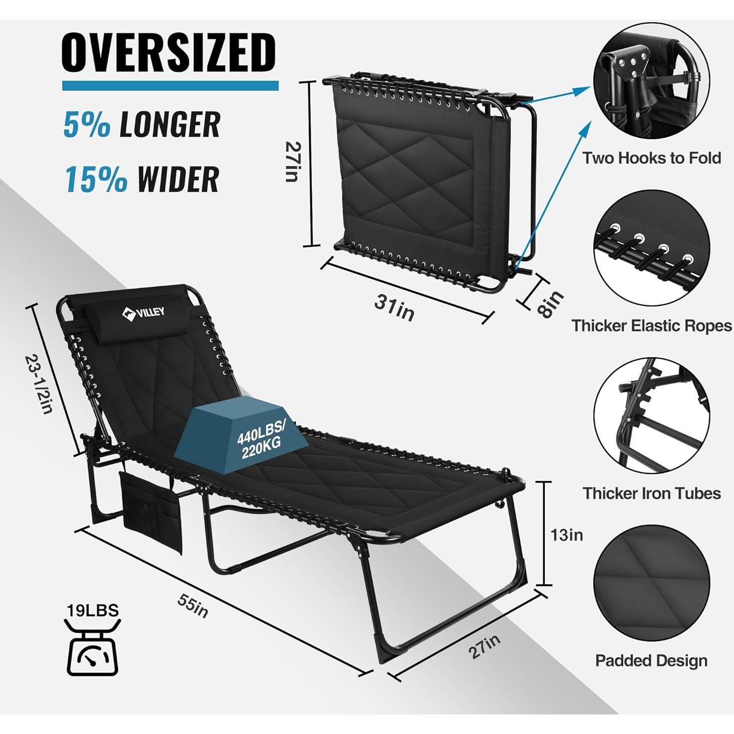 Sillón Reclinable Grande VILLEY Acolchado Plegable 199.4x68.6cm