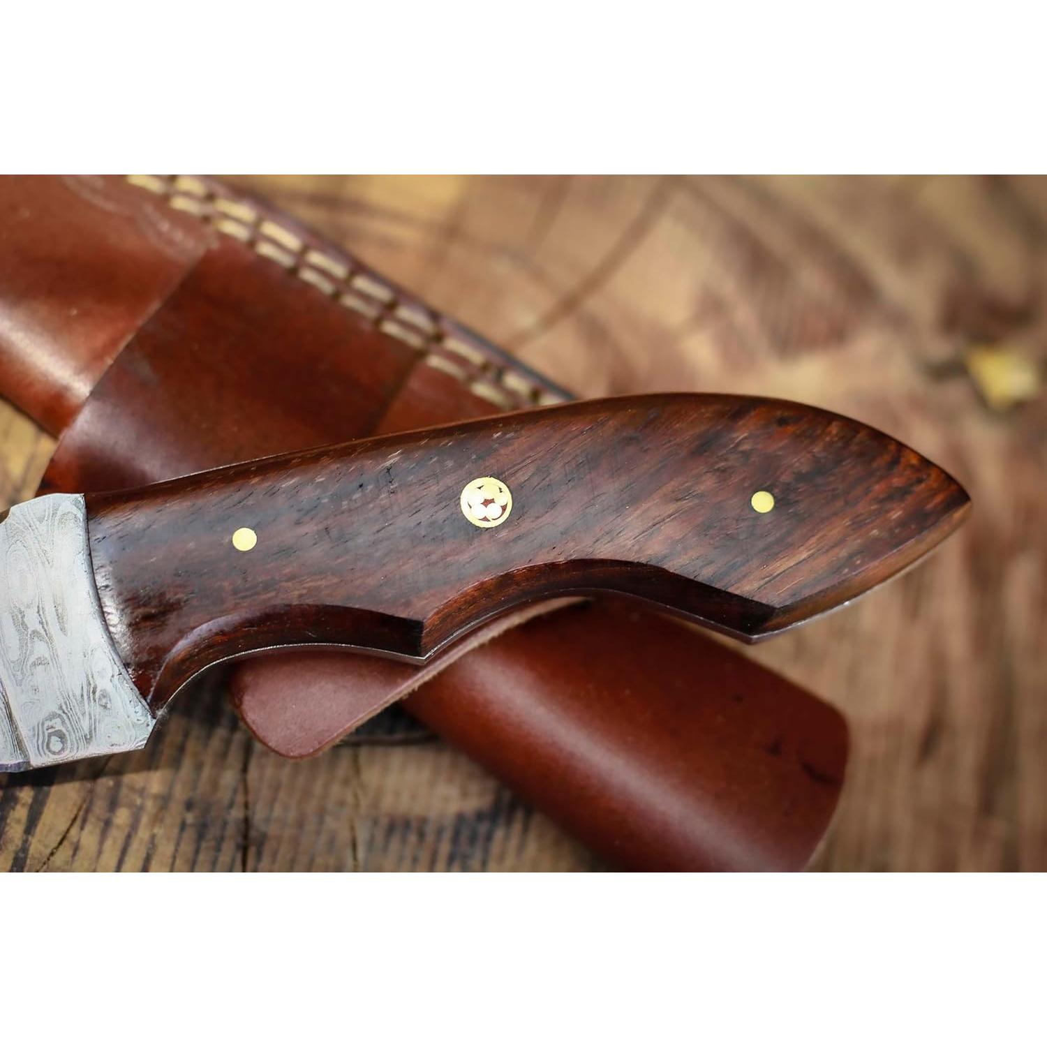 Cuchillo de Caza Bushcraft Damasco 24.1 cm con Funda de Cuero