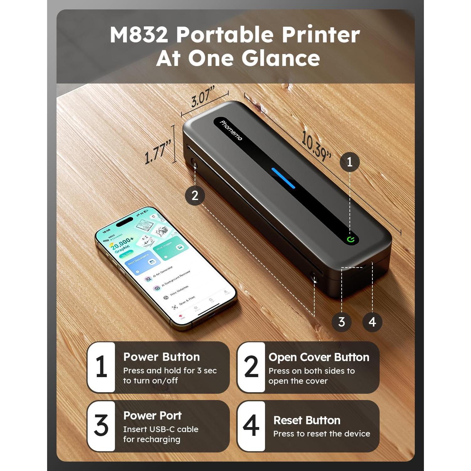 Impresora Térmica Portátil Phomemo M832 Inalámbrica 300DPI