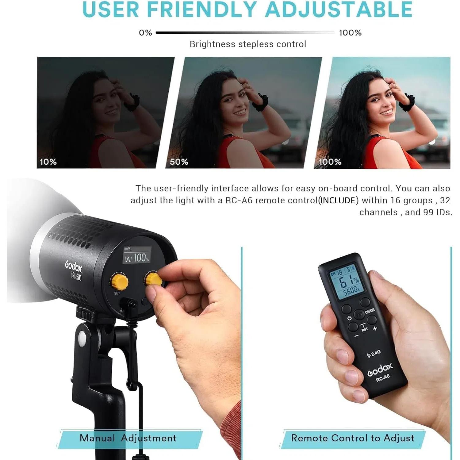 Godox ML60 Luz LED de Video Portátil 60W 69000Lux 5600K