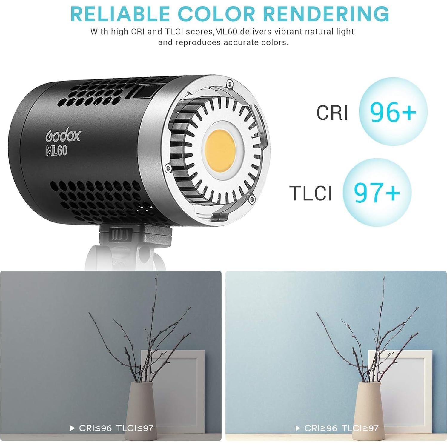 Godox ML60 Luz LED de Video Portátil 60W 69000Lux 5600K