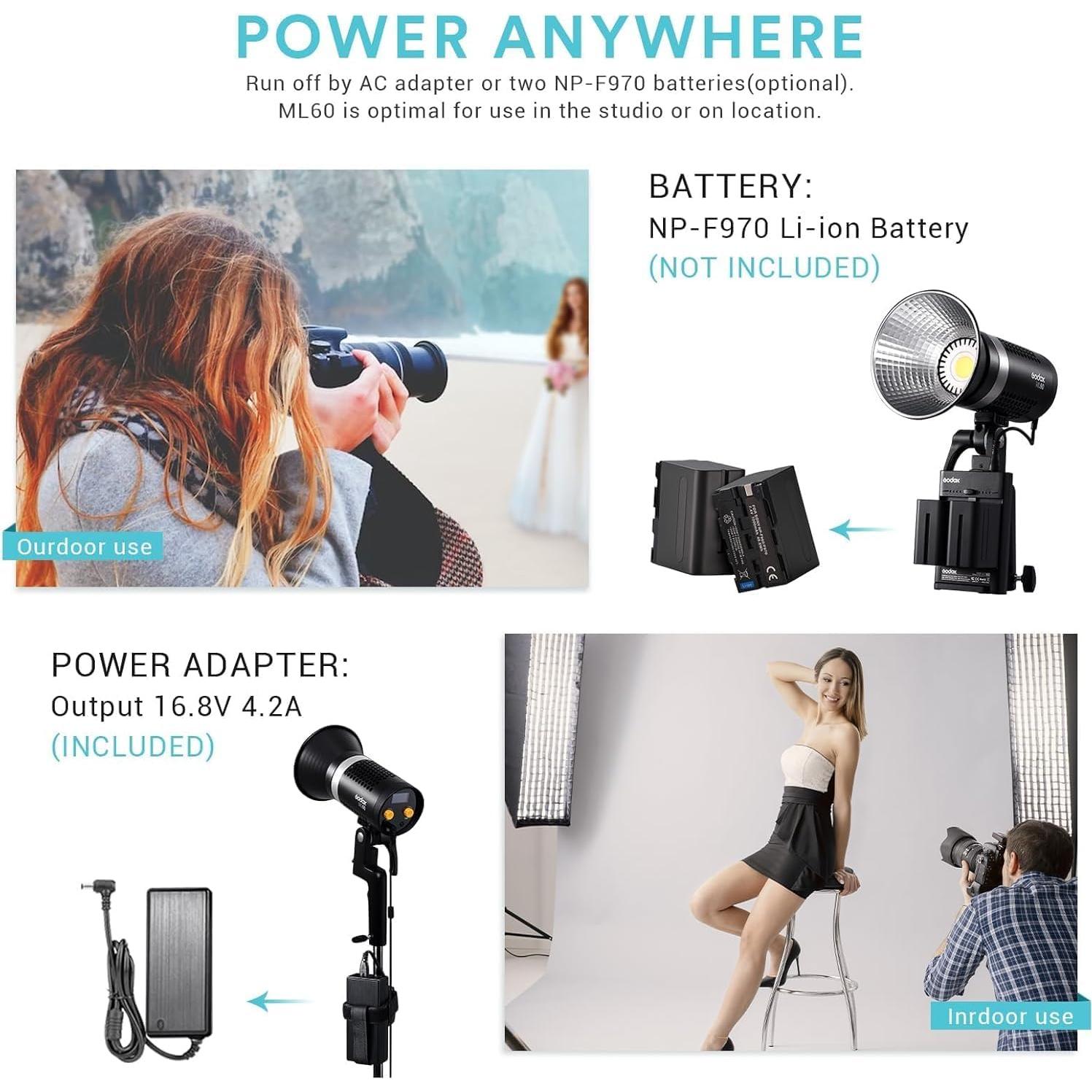 Godox ML60 Luz LED de Video Portátil 60W 69000Lux 5600K