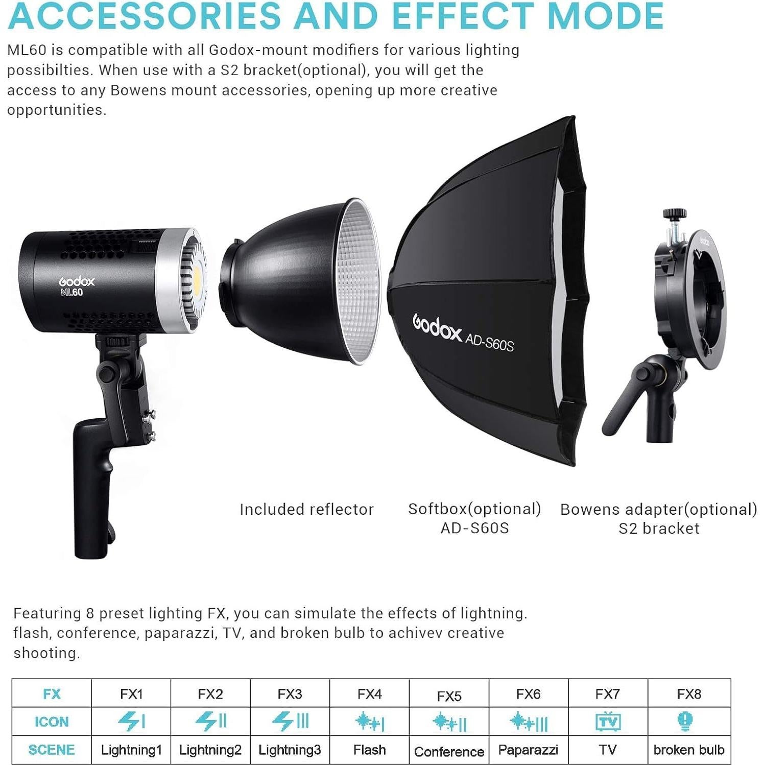 Godox ML60 Luz LED de Video Portátil 60W 69000Lux 5600K