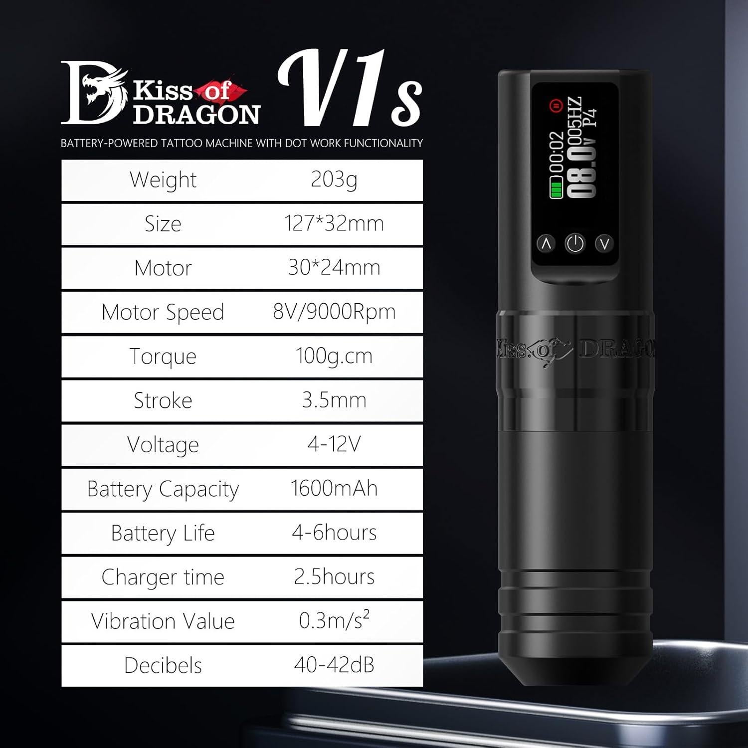 Kit de Máquina de Tatuaje Inalámbrica Kiss of Dragon V1S 1600mAh