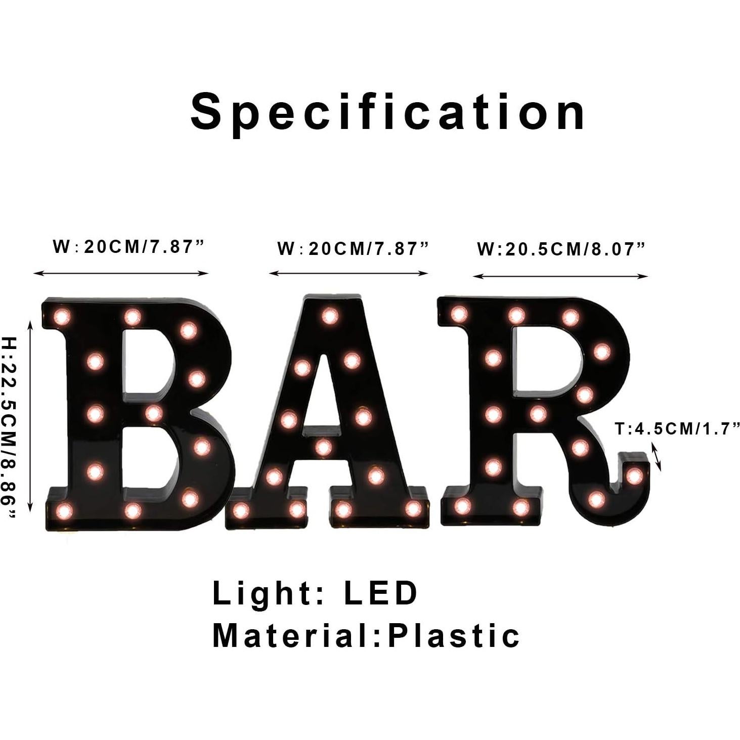 Letrero Iluminado LED OYCBUZO Letra BAR 22.5x4.5cm Negro