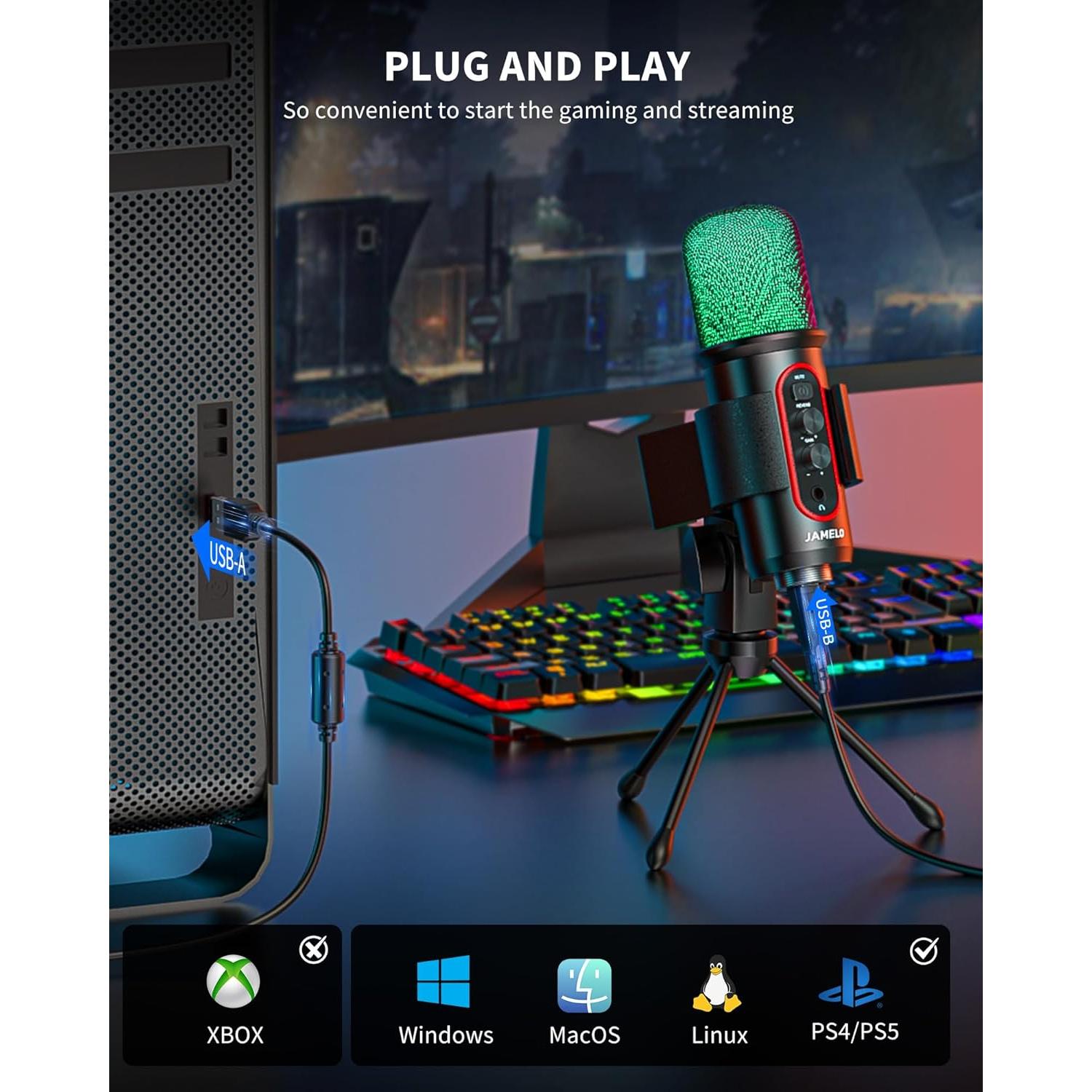 Micrófono Gaming JAMELO USB Condensador RGB para PC y PS4/5